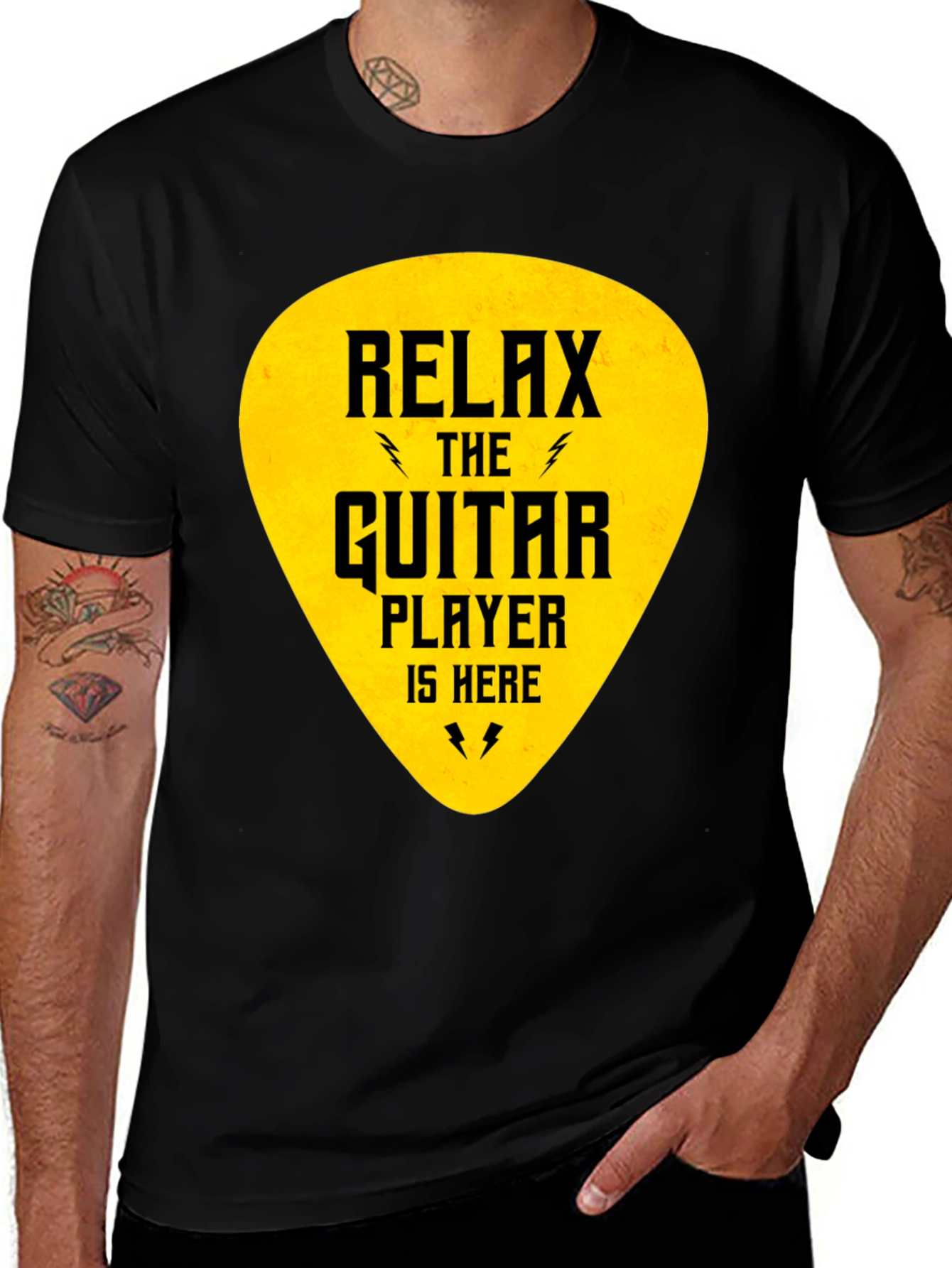 Variant 19 of Relax Guitar Player T-Shirt - Black Crew Neck Tee