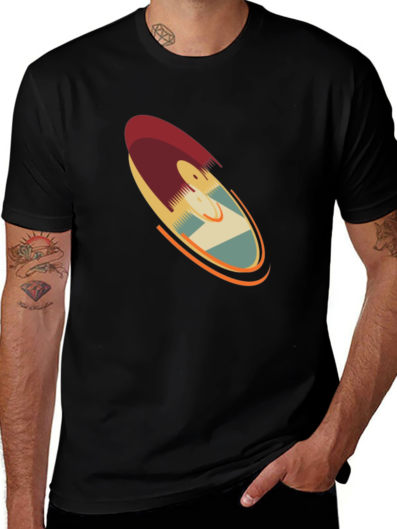 Variant 7 of Retro Surfboard Graphic Tee - Black Cotton T-Shirt