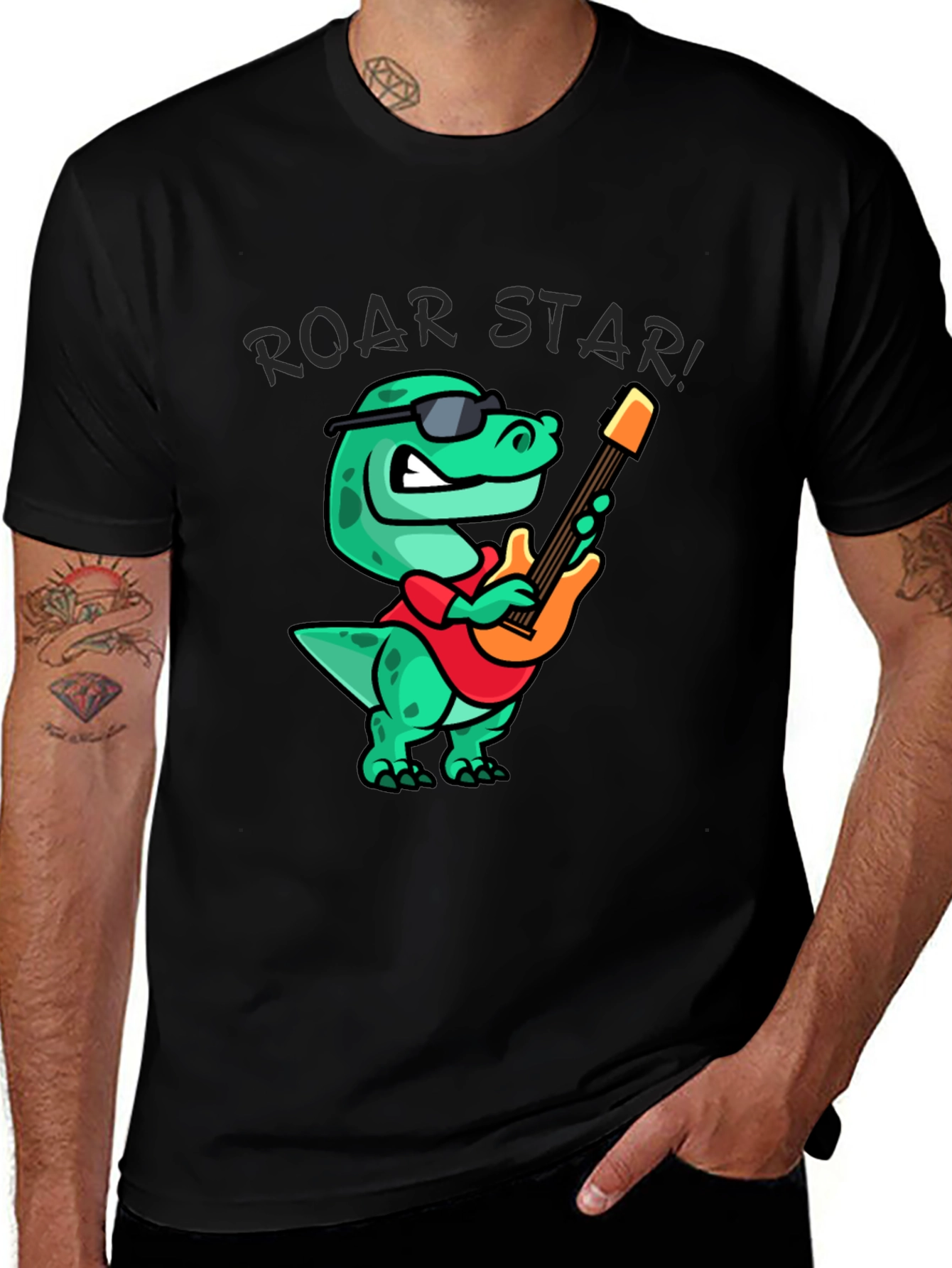 Variant 20 of Roar Star Dino Guitarist Black T-Shirt