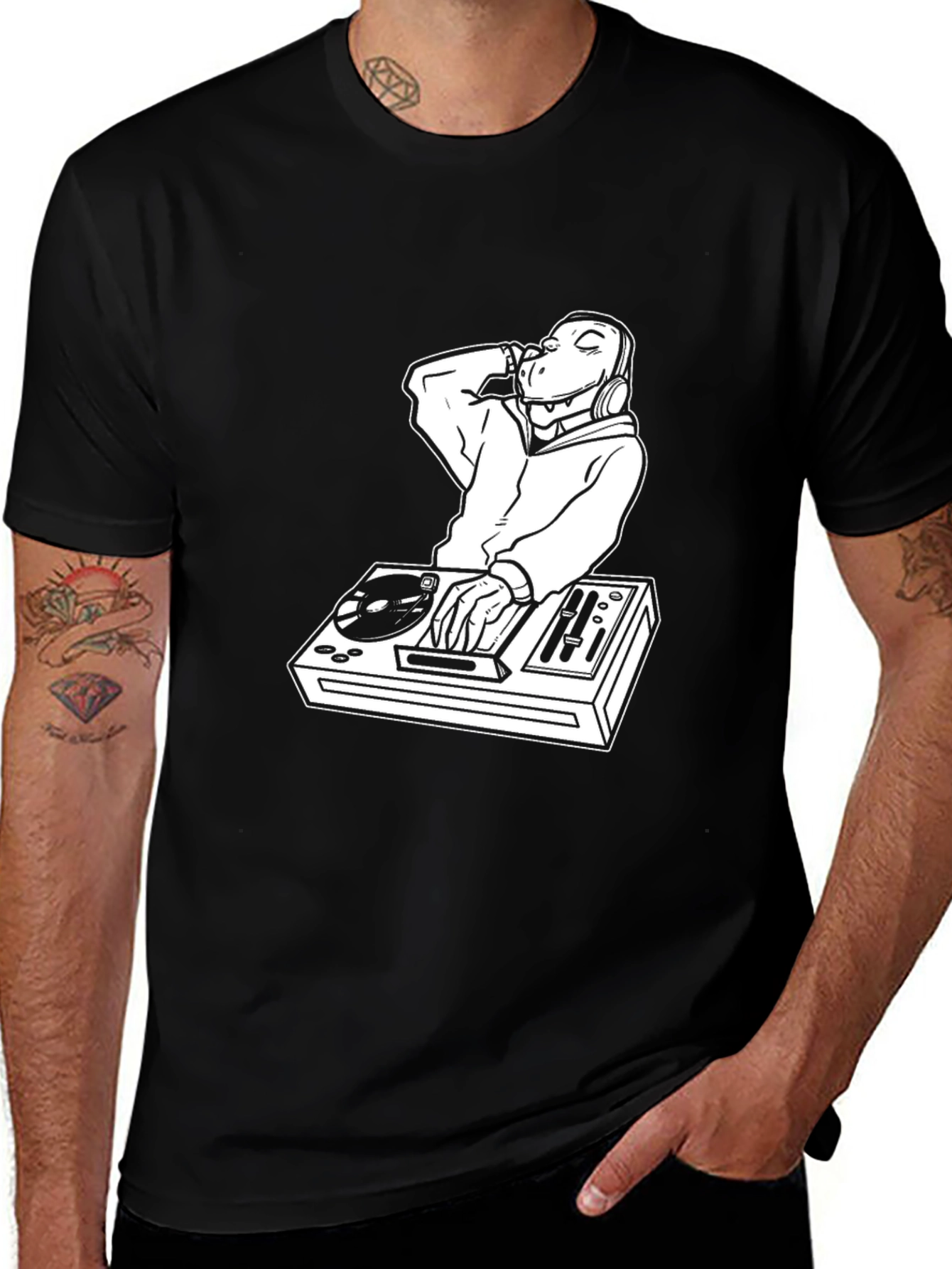 Variant 19 of DJ Dino Black T-Shirt - Cool Graphic Tee