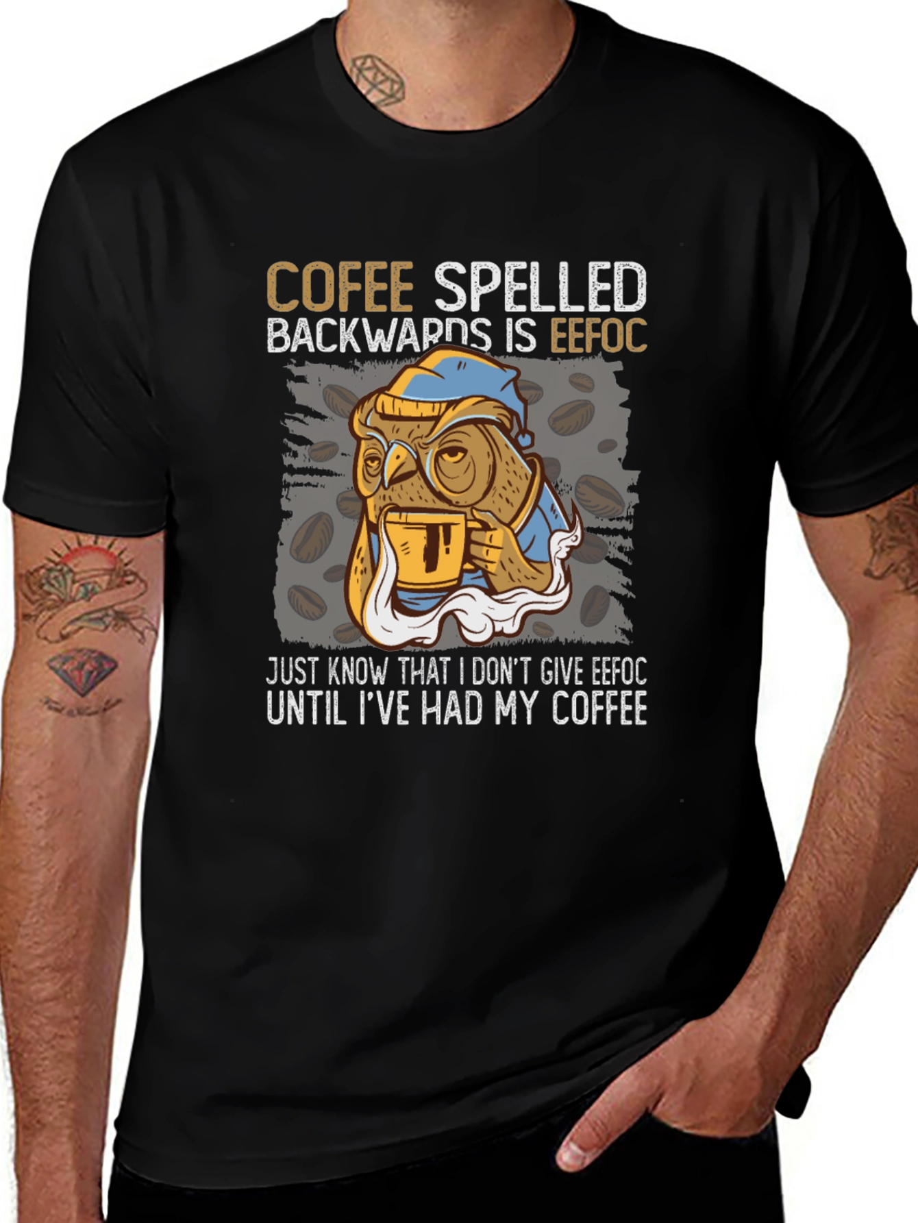 Variant 23 of Coffee Owl T-Shirt - "Cofee Spelled Backwards" Novelty Tee
