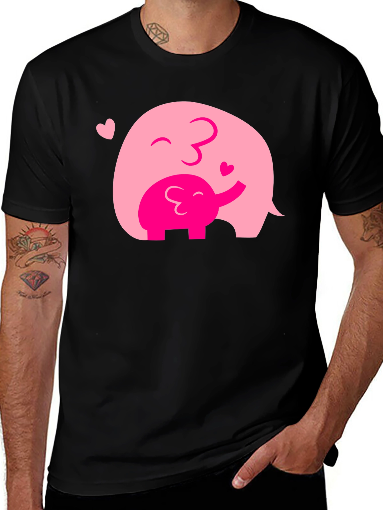 Variant 15 of Elephant Mom & Baby Black T-Shirt - Heart Graphic