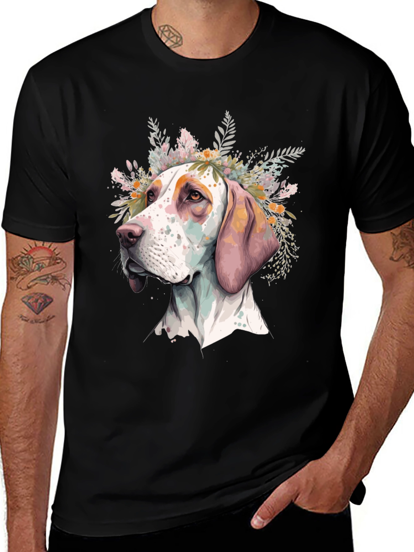 Black Dog with Flowers Graphic Tee - Unisex Black T-Shirt main image