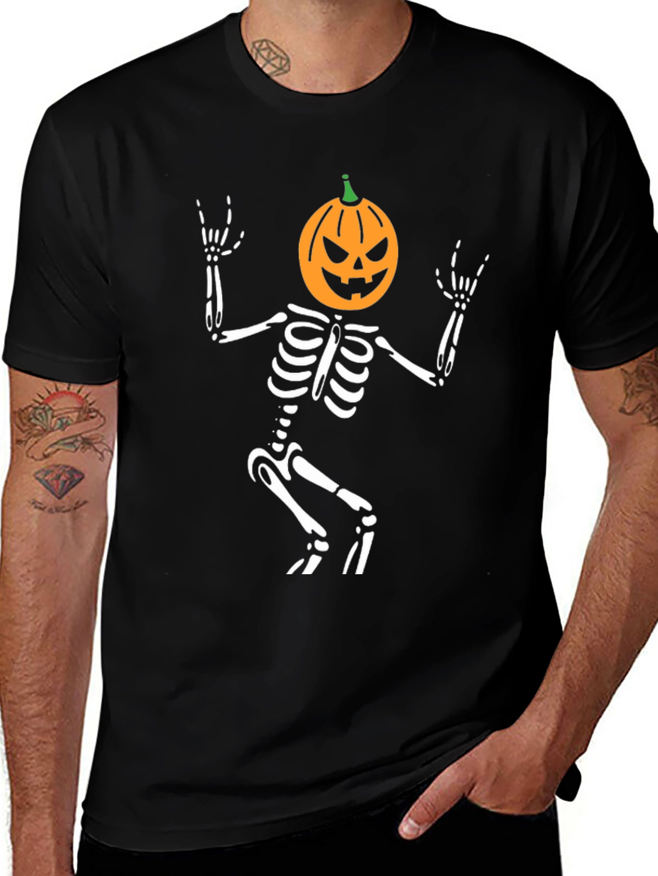 Skeleton Pumpkin Head Graphic Tee - Halloween Rock On T-Shirt