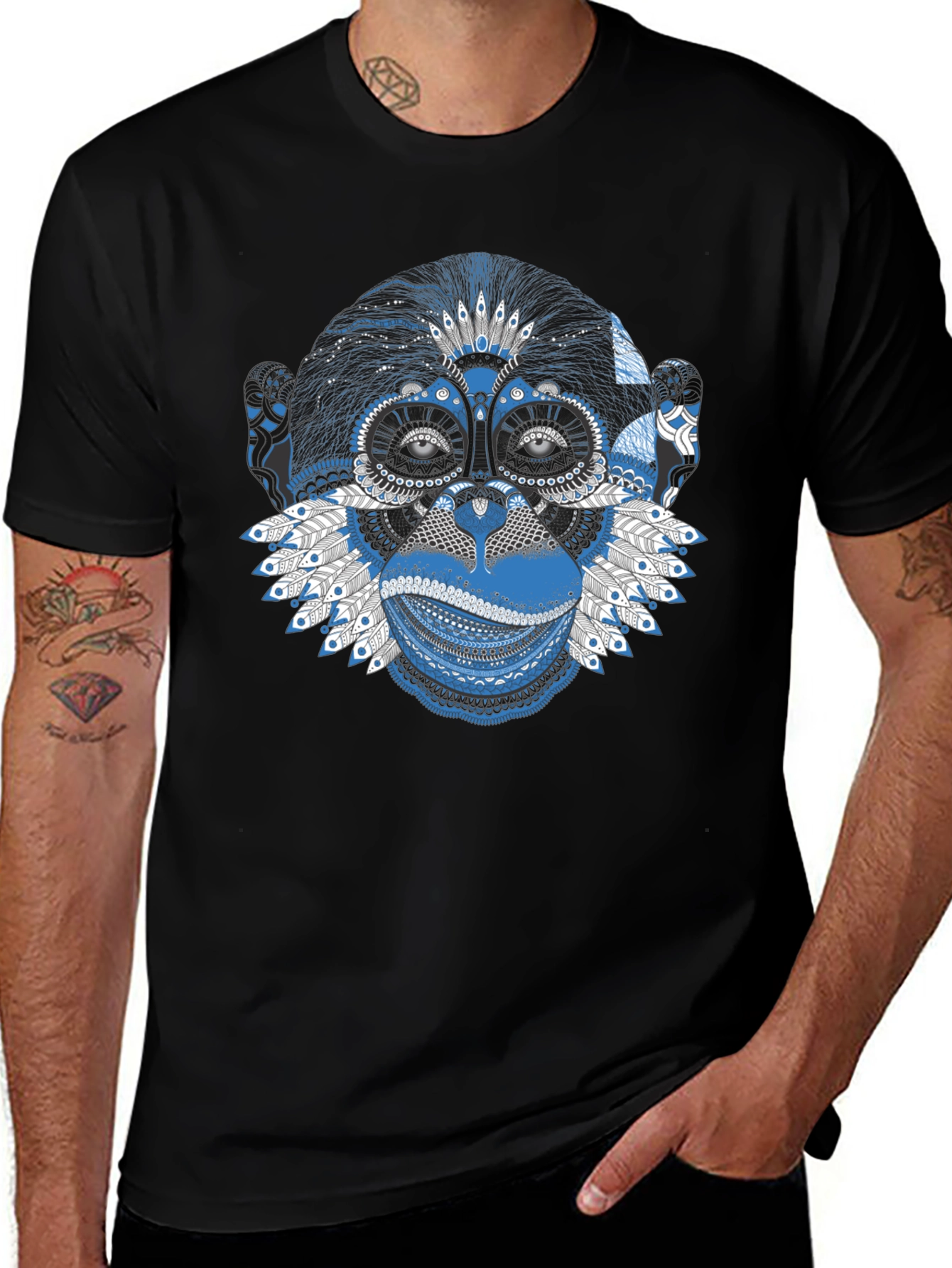 Monkey Graphic Tee - Blue Artistic Design, Crew Neck
