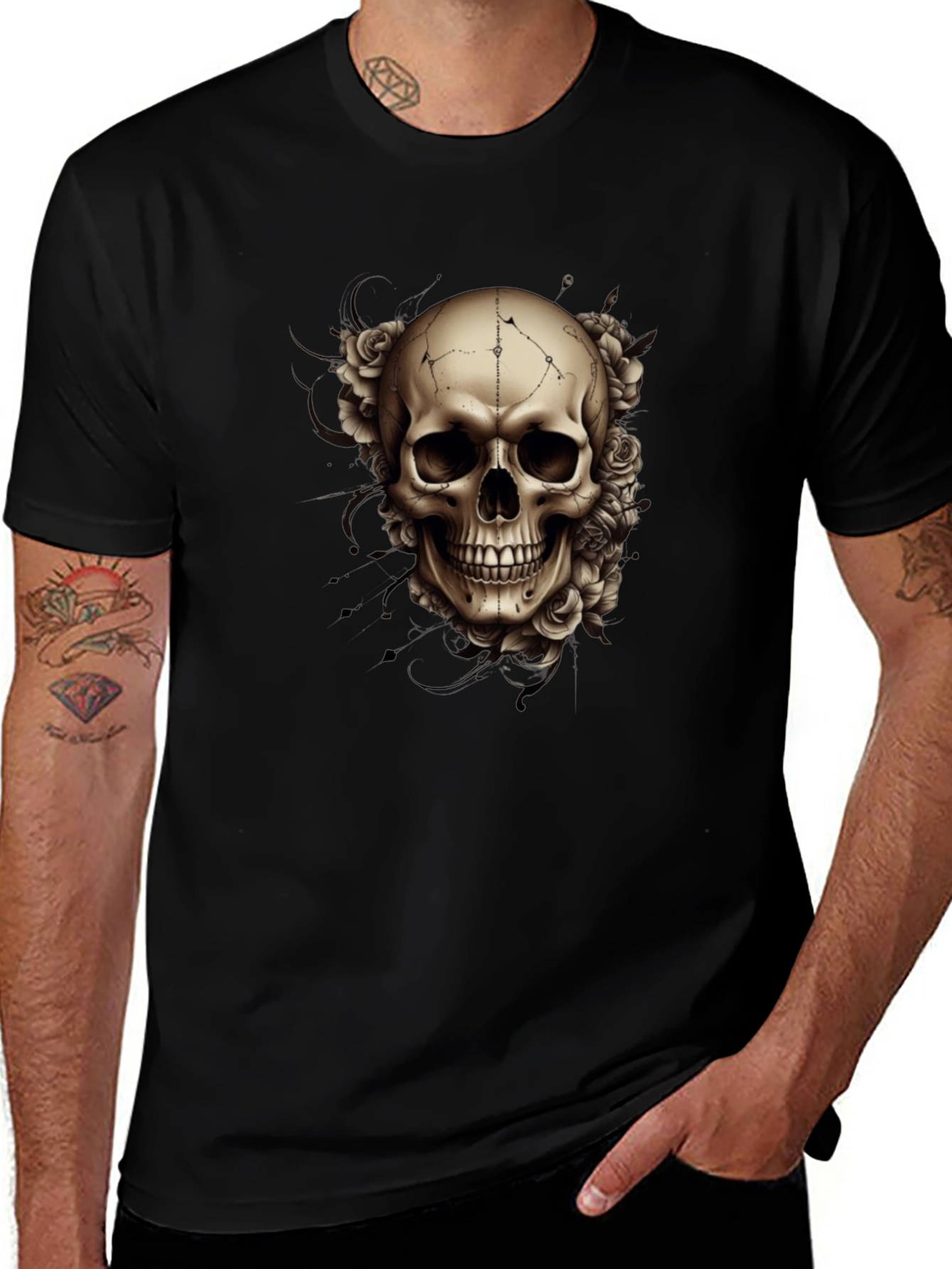 Variant 27 of Skull & Roses Graphic Tee - Men's Black T-Shirt