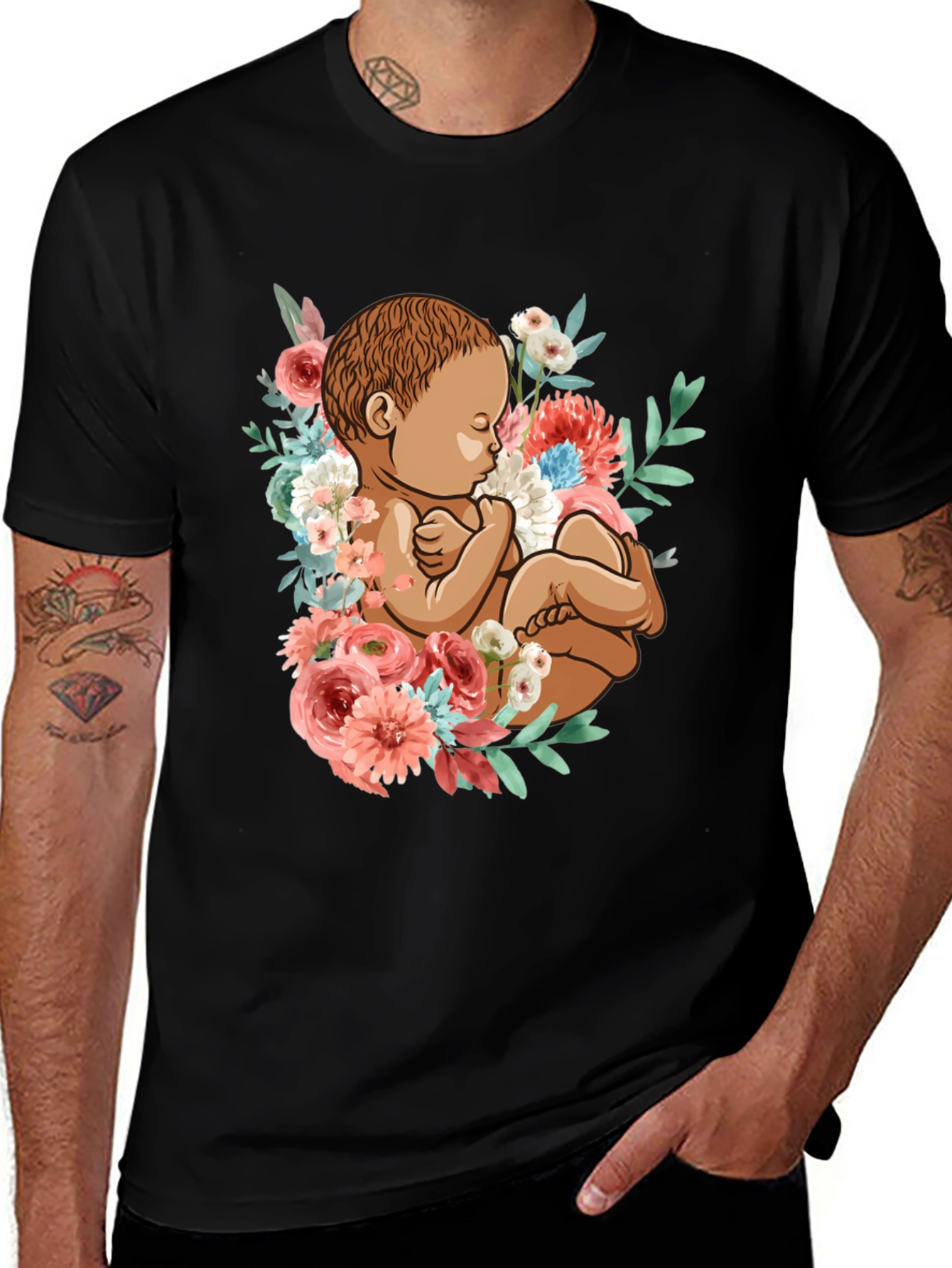 Variant 7 of Floral Baby Graphic Tee - Soft Black Cotton Shirt
