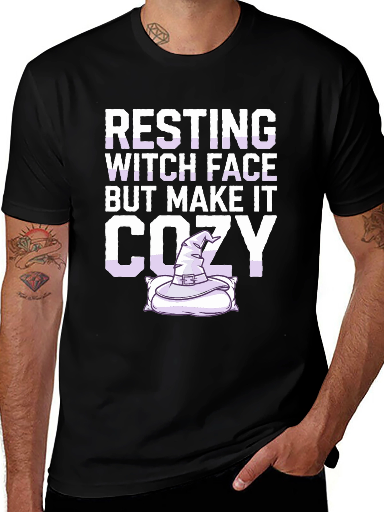 Variant 2 of Resting Witch Face Cozy T-Shirt - Halloween Apparel