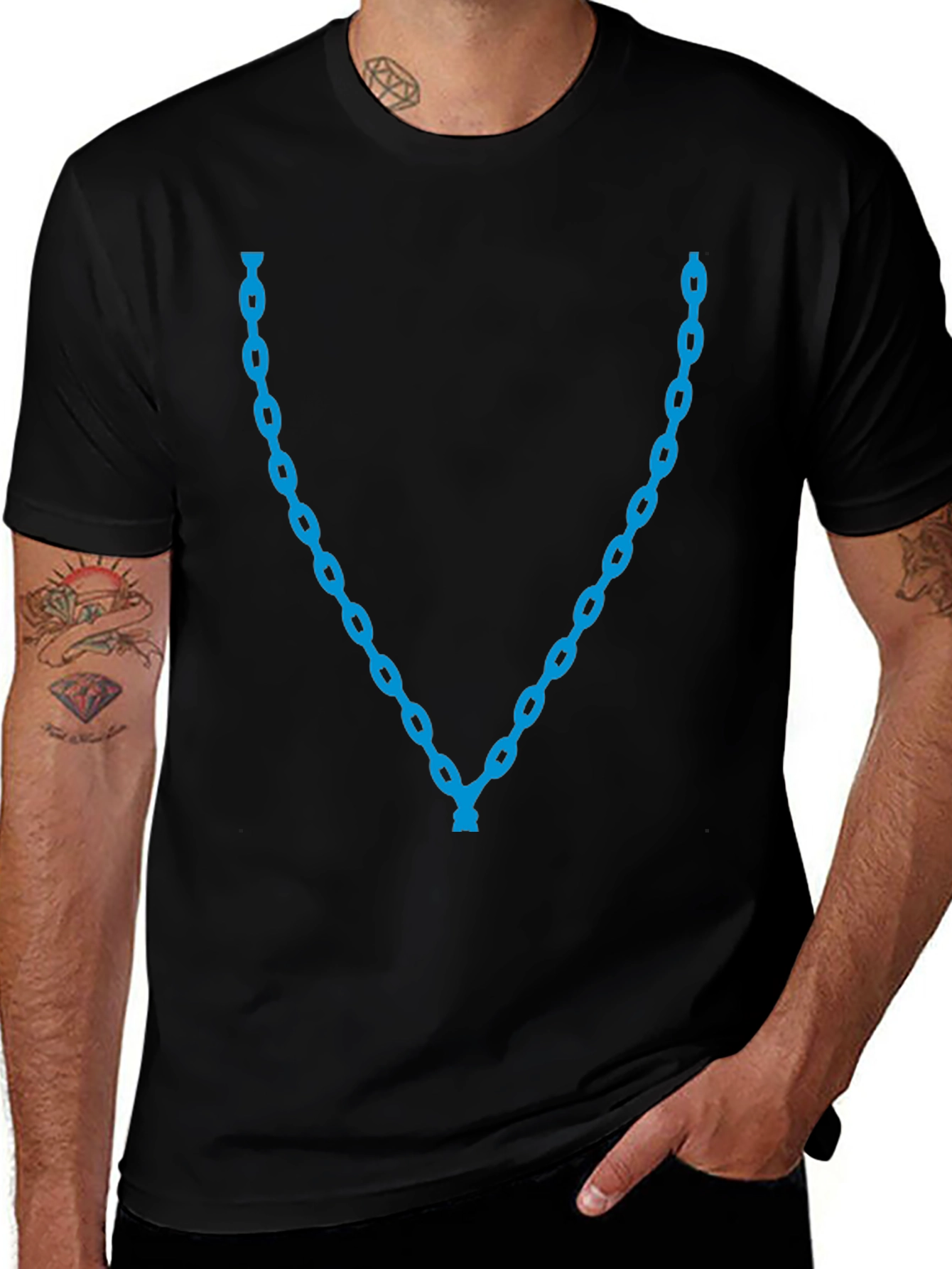 Variant 3 of Men's Black T-Shirt with Blue Chain Necklace Design