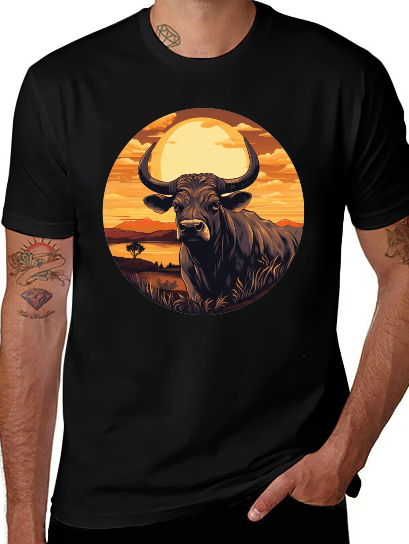 Variant 3 of Sunset Bull Graphic Tee - Men's Black T-Shirt