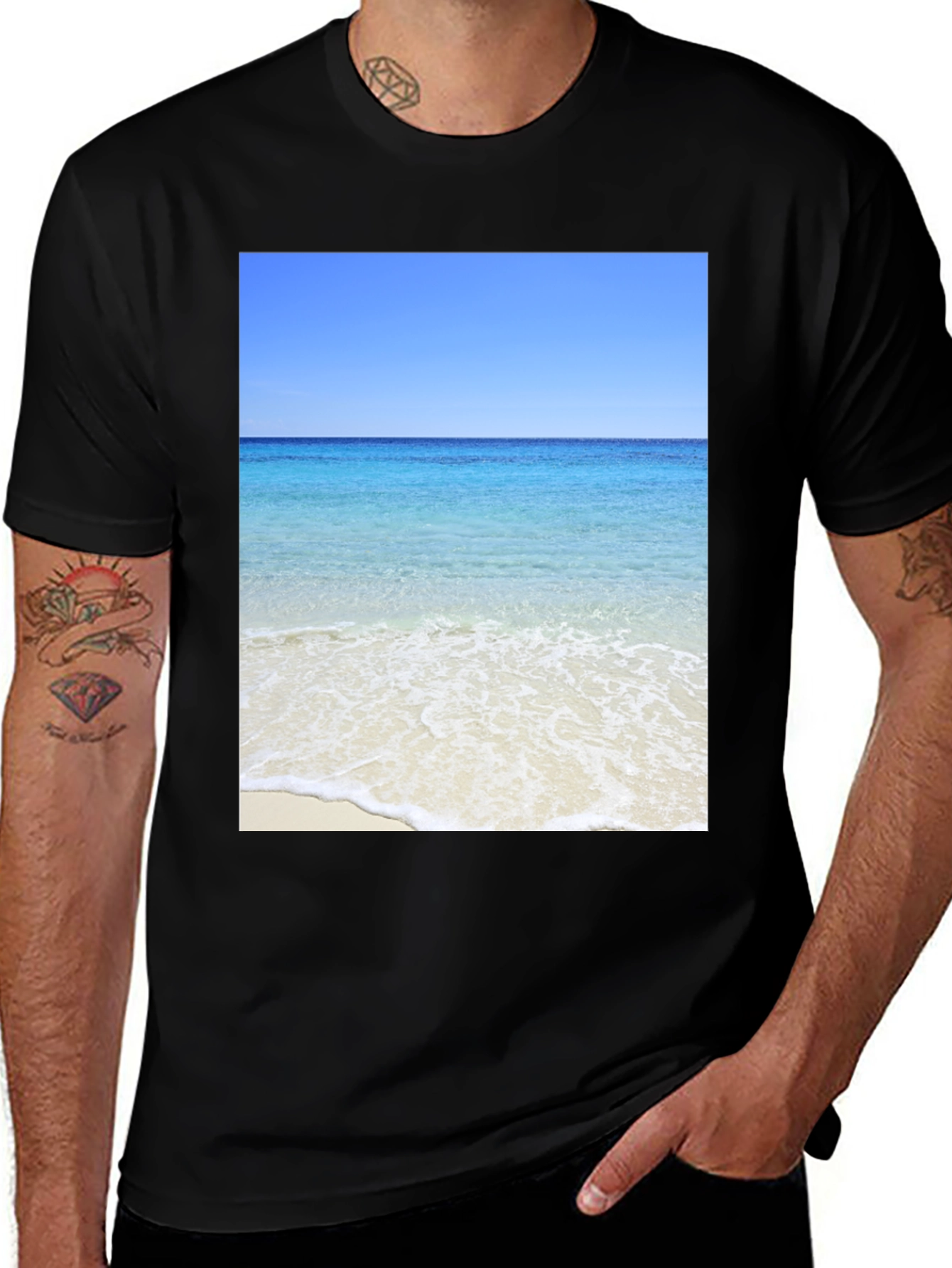 Ocean View Black T-Shirt - Beach Scene