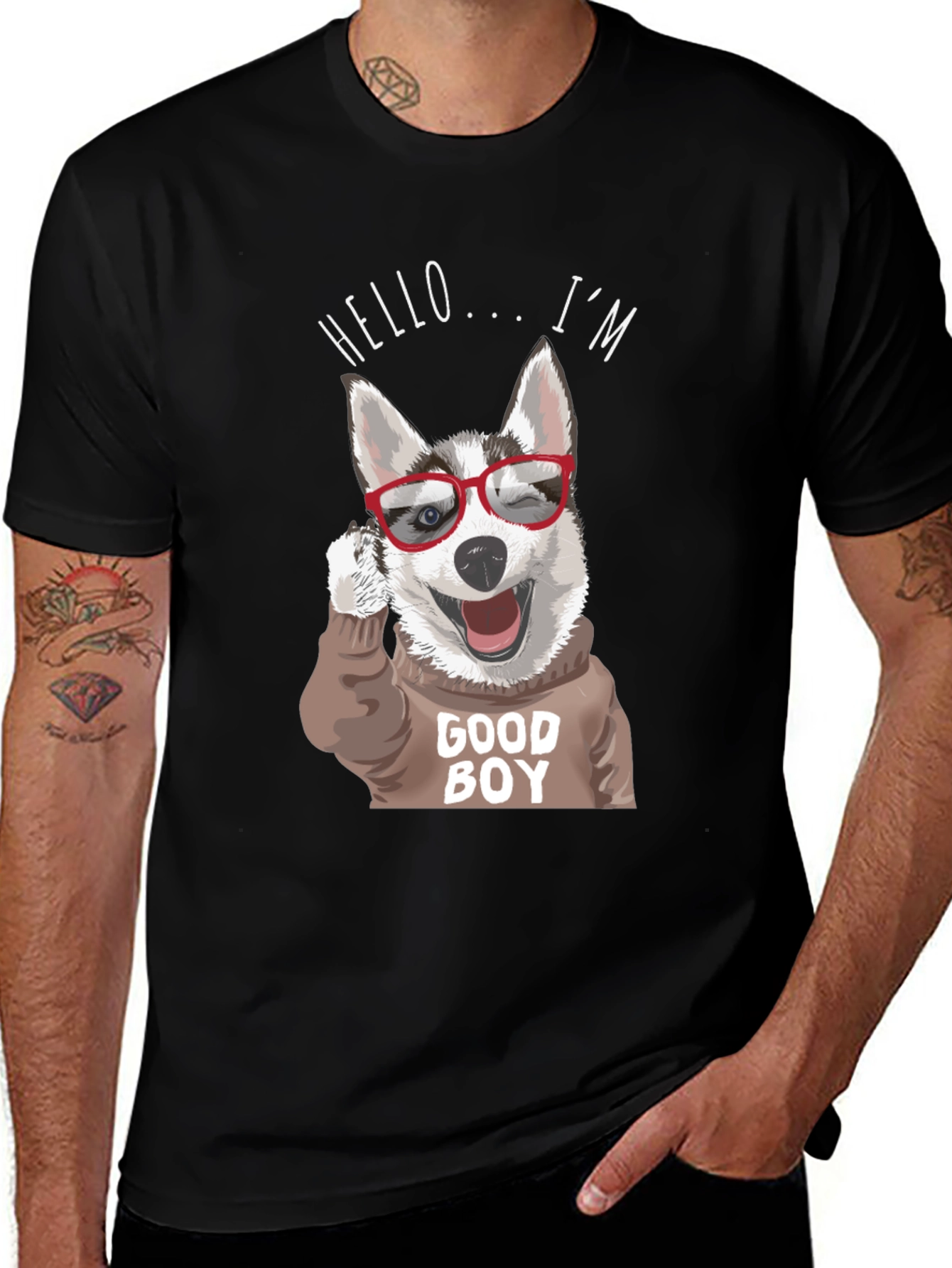 Variant 16 of Good Boy Husky Graphic Tee - Black Crewneck T-Shirt