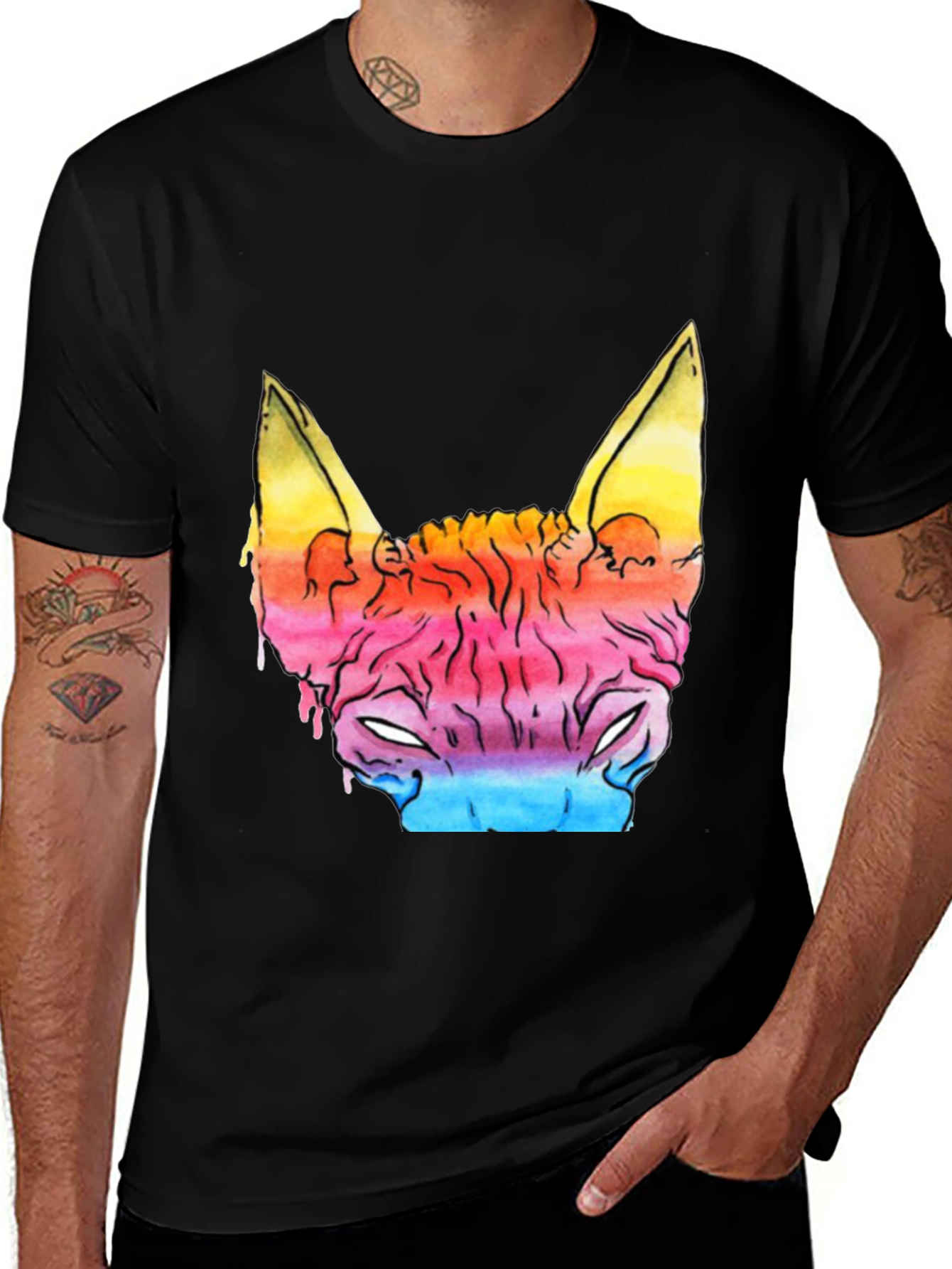 Variant 19 of Rainbow Cat Head Black T-Shirt