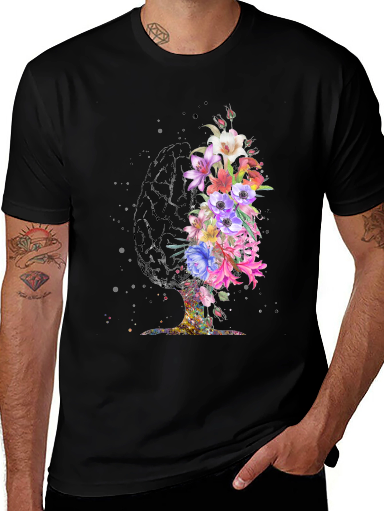 Variant 17 of Floral Brain Print Black T-Shirt