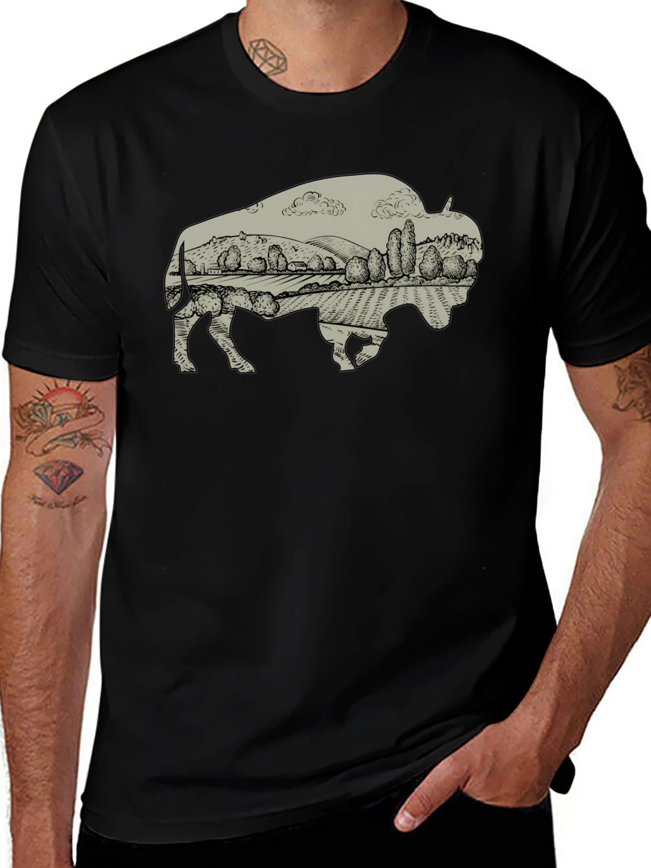 Variant 18 of Bison Landscape Graphic T-Shirt - Casual Style