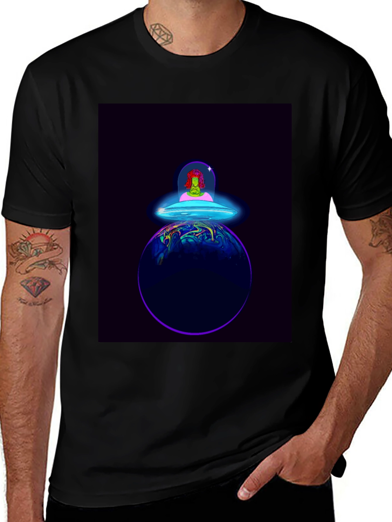 Variant 25 of Alien Spaceship Graphic Tee - Black Cotton T-Shirt