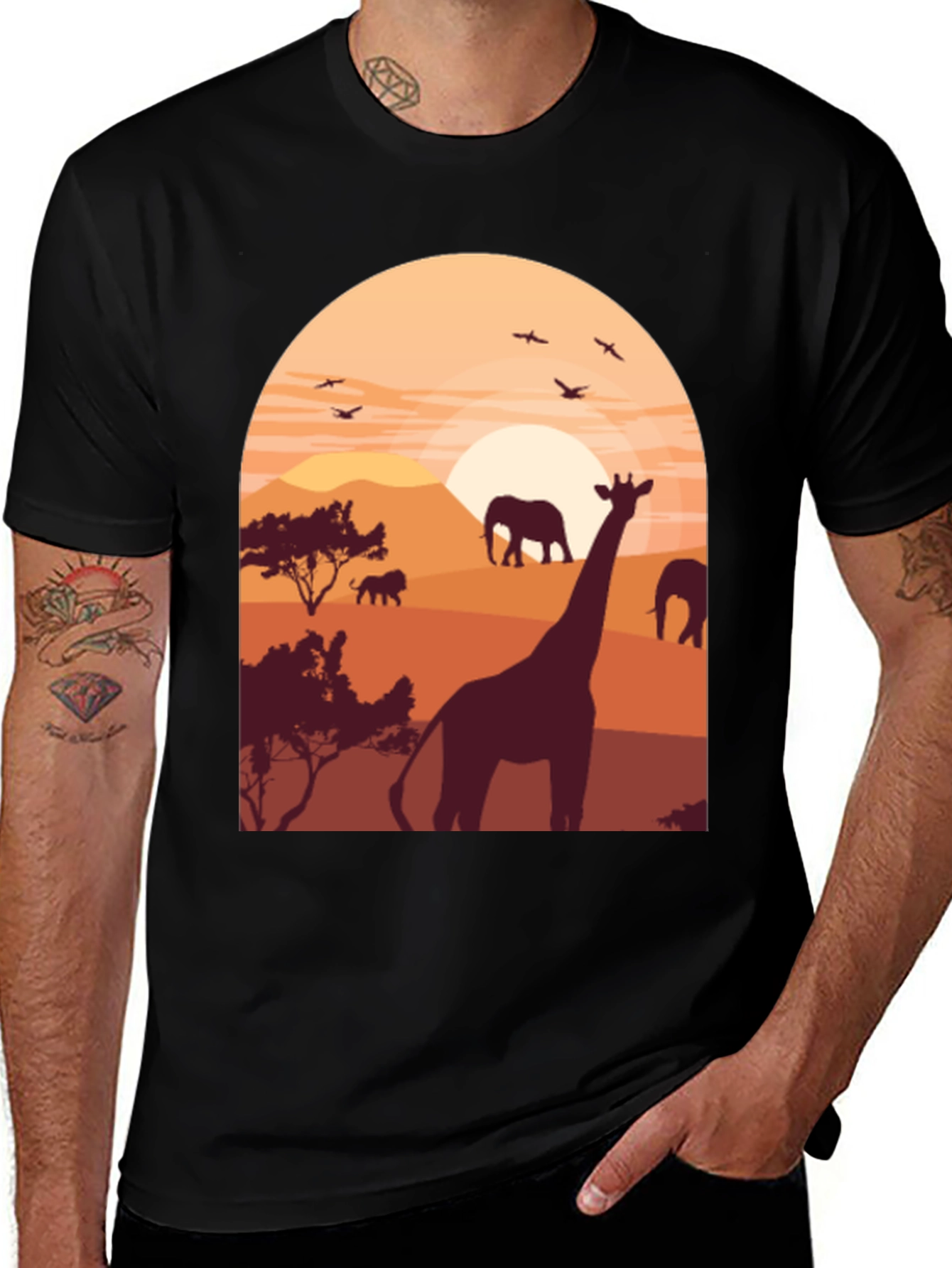 Variant 4 of Safari Sunset Graphic Tee - Wildlife Giraffe Elephant T-Shirt