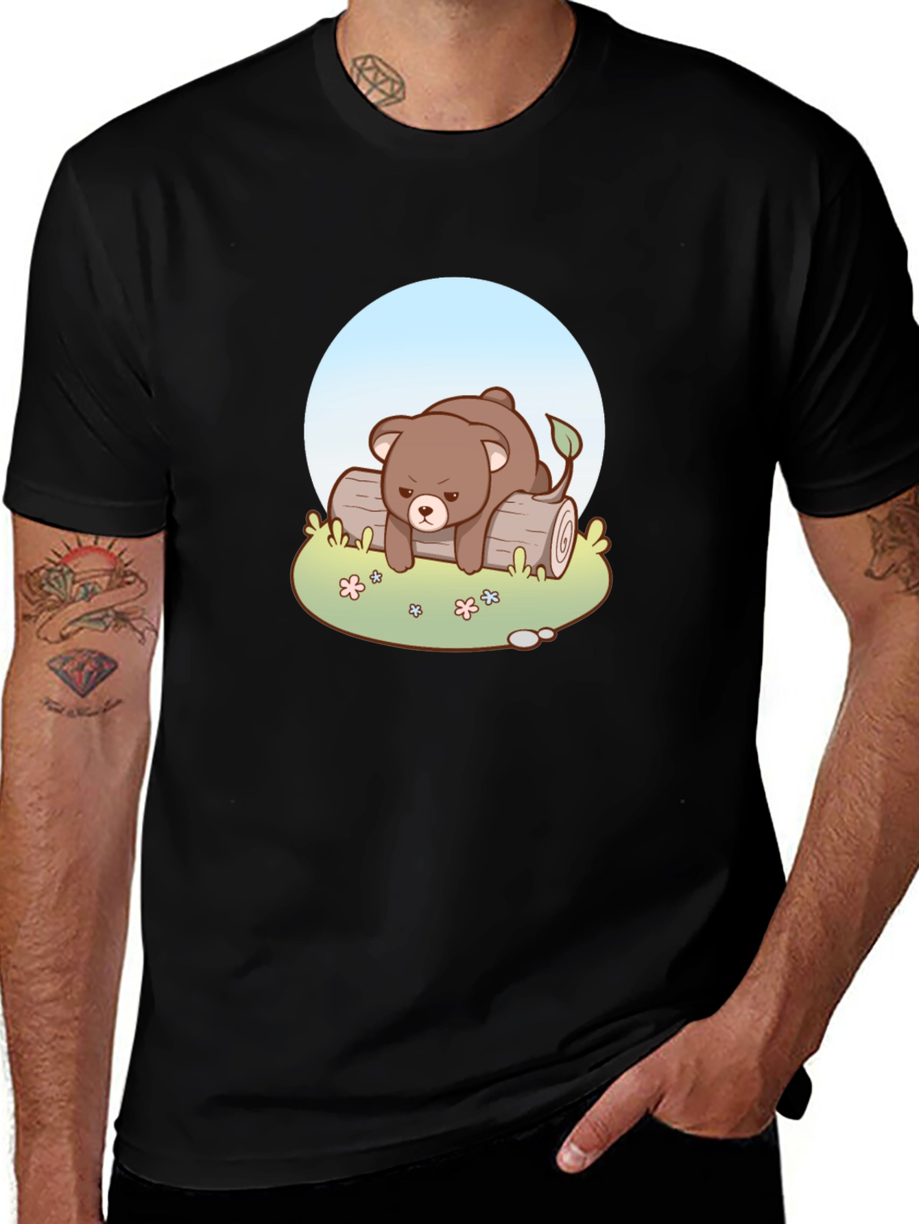 Variant 26 of Cute Bear on Log Graphic Tee - Soft Black Cotton