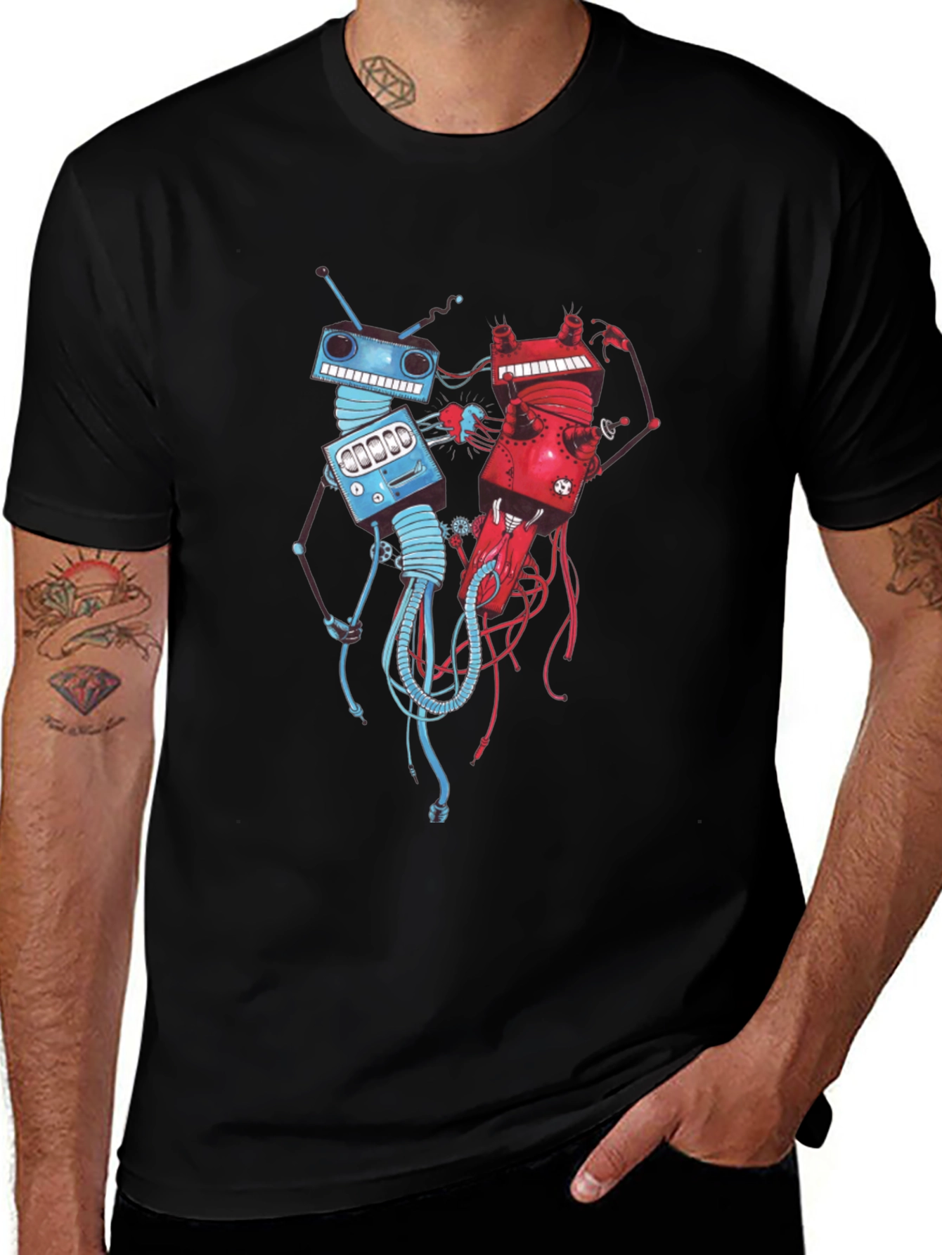 Variant 30 of Robots Fighting Black T-Shirt