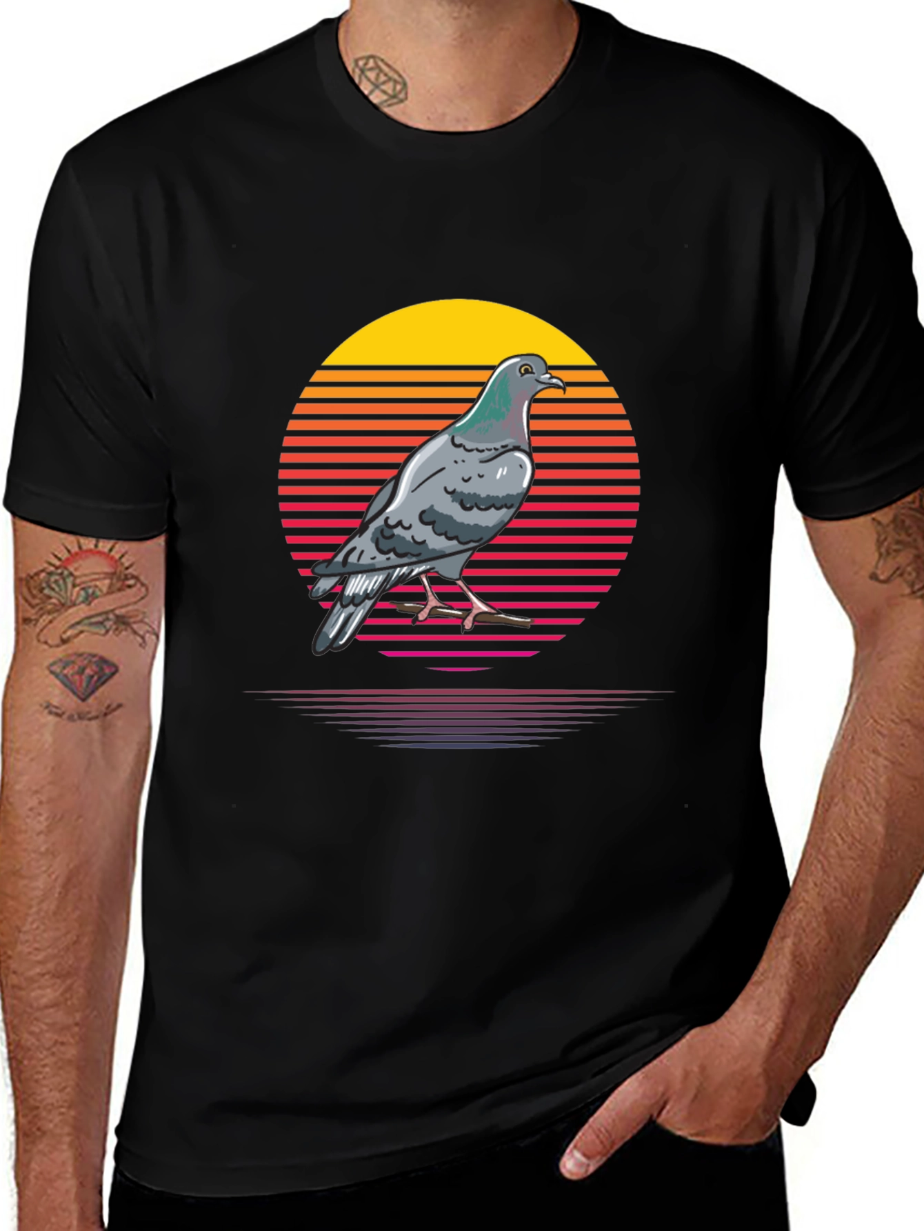 Variant 12 of Retro Pigeon Sunset Graphic Tee - Cool Casual Style