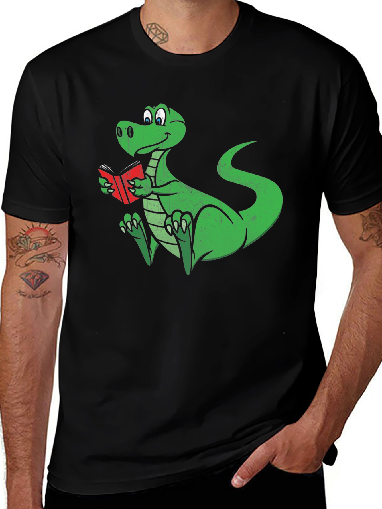 Variant 28 of Dino Reading T-Shirt - Black Cotton Graphic Tee