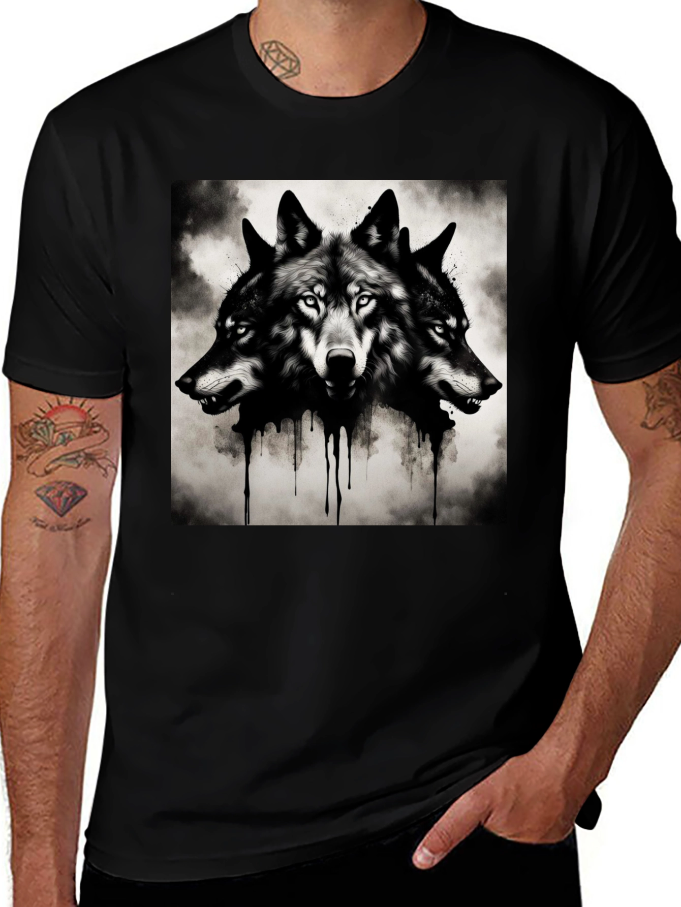 Variant 17 of Three-Headed Wolf Graphic Tee - Black