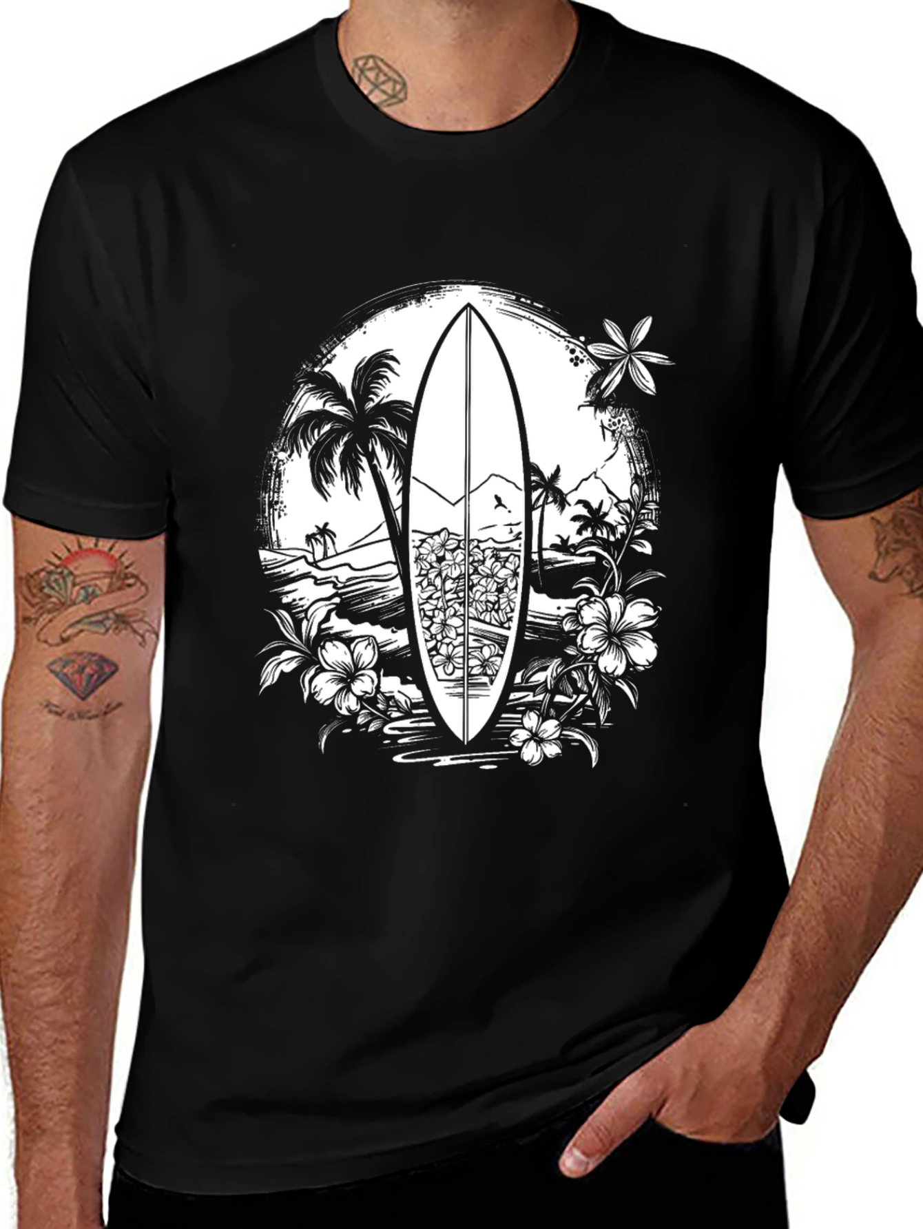 Variant 13 of Surfboard Beach Graphic Tee - Black Cotton