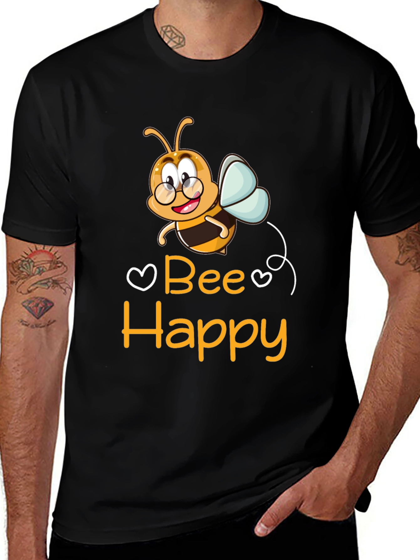 Variant 27 of Bee Happy Black T-Shirt - Cute Cartoon Design
