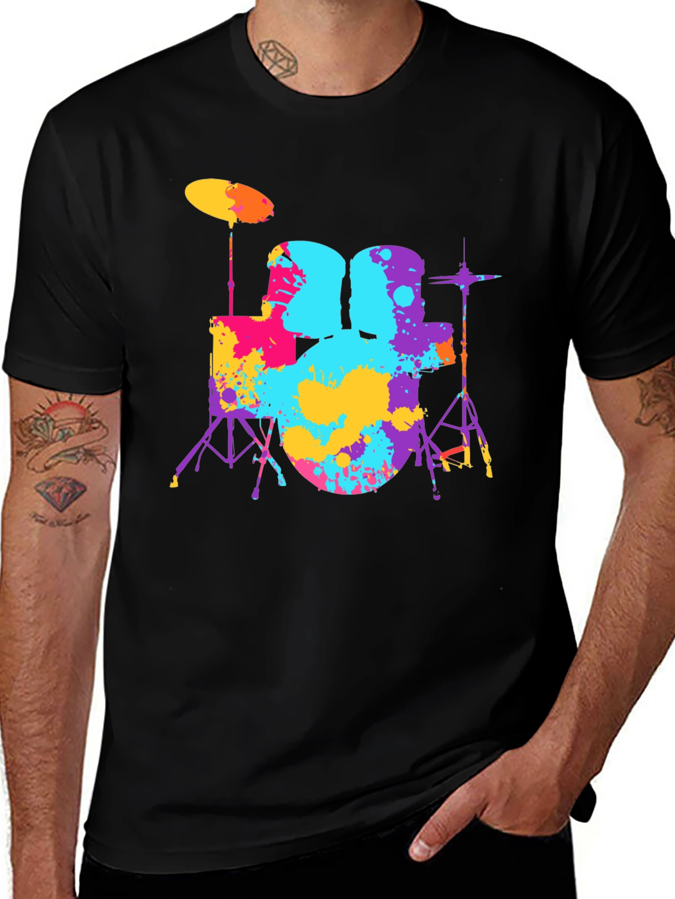 Variant 2 of Colorful Drum Set Graphic Tee - Black Cotton