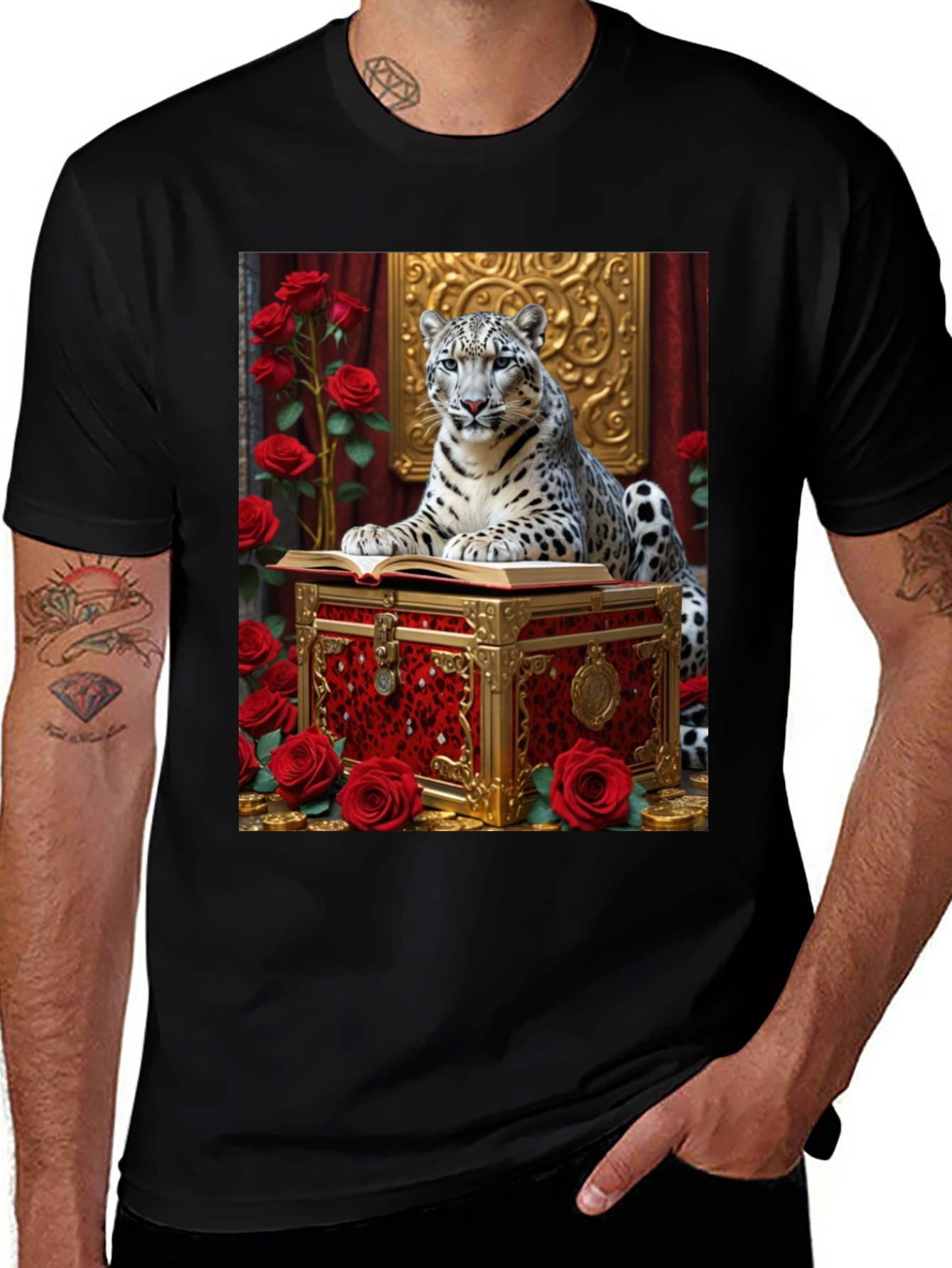 Variant 25 of Snow Leopard Roses Chest Black Graphic Tee