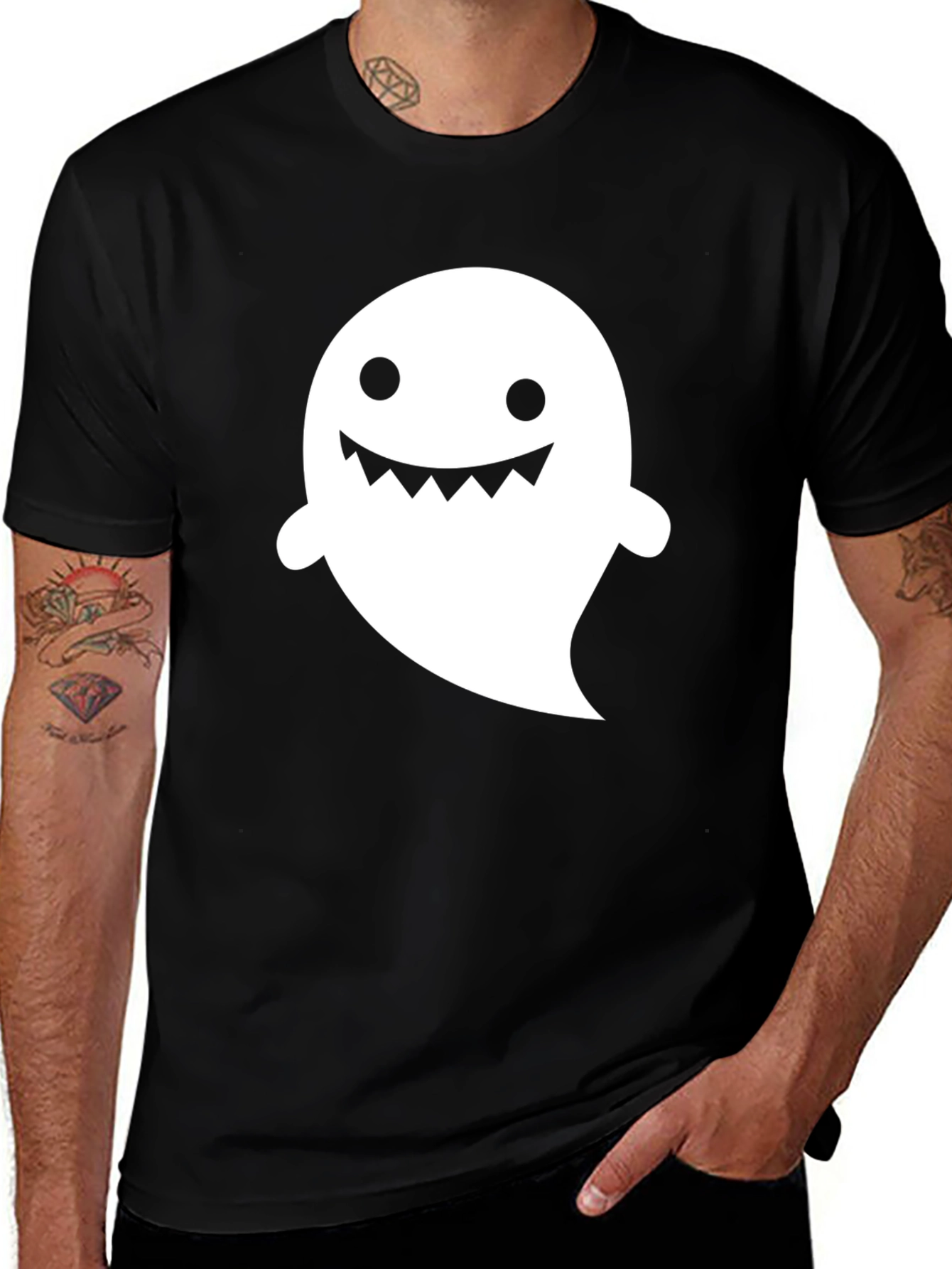 Variant 20 of Spooky Ghost Graphic Tee - Black Cotton Shirt