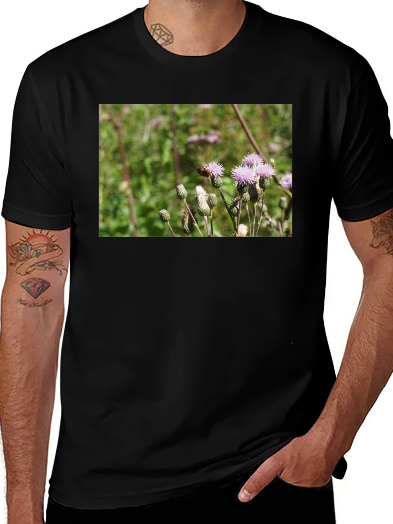 Variant 12 of Nature Lover's Black T-Shirt: Floral & Bee Design