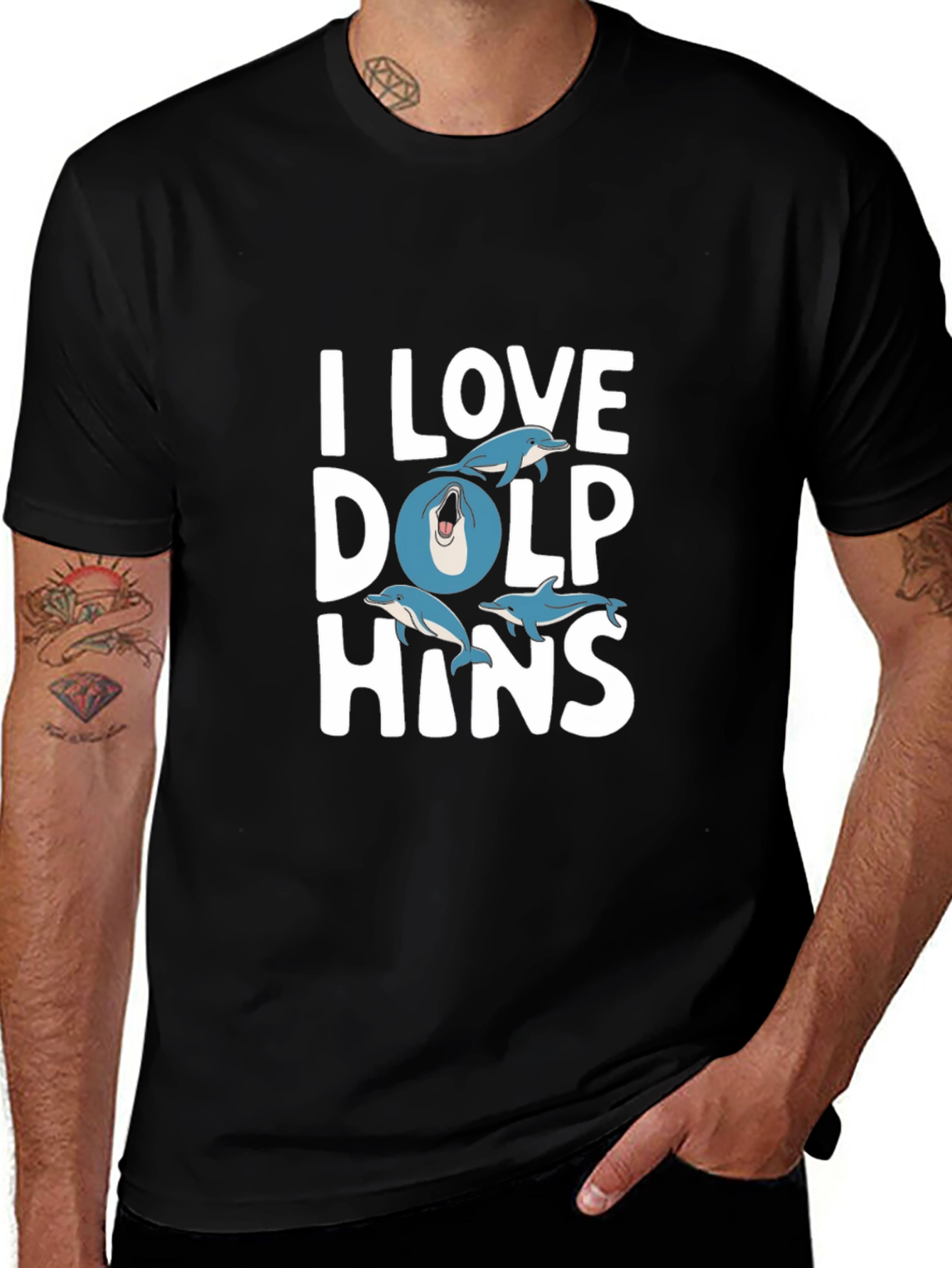 Variant 13 of I Love Dolphins Graphic Black T-Shirt