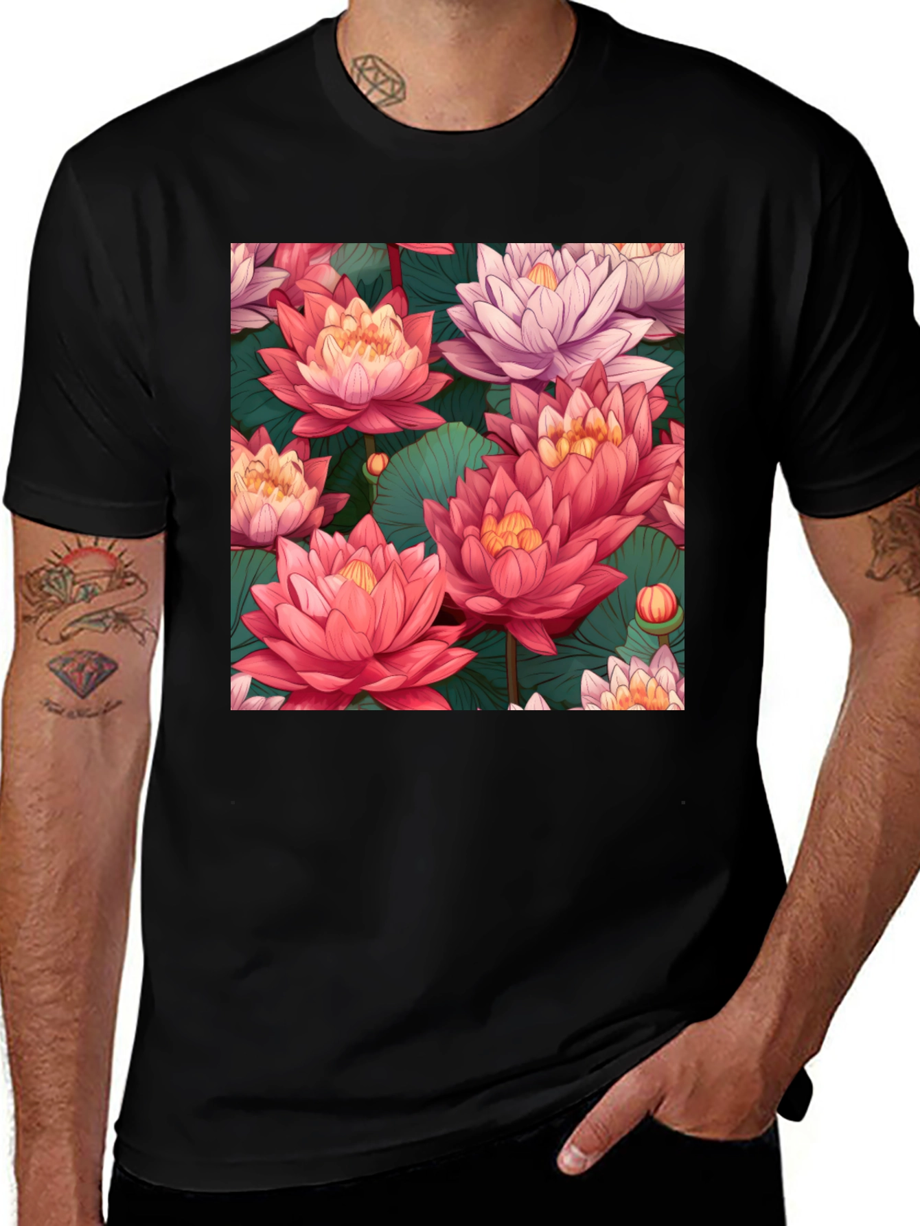 Black Lotus Floral Print Black T-Shirt main image