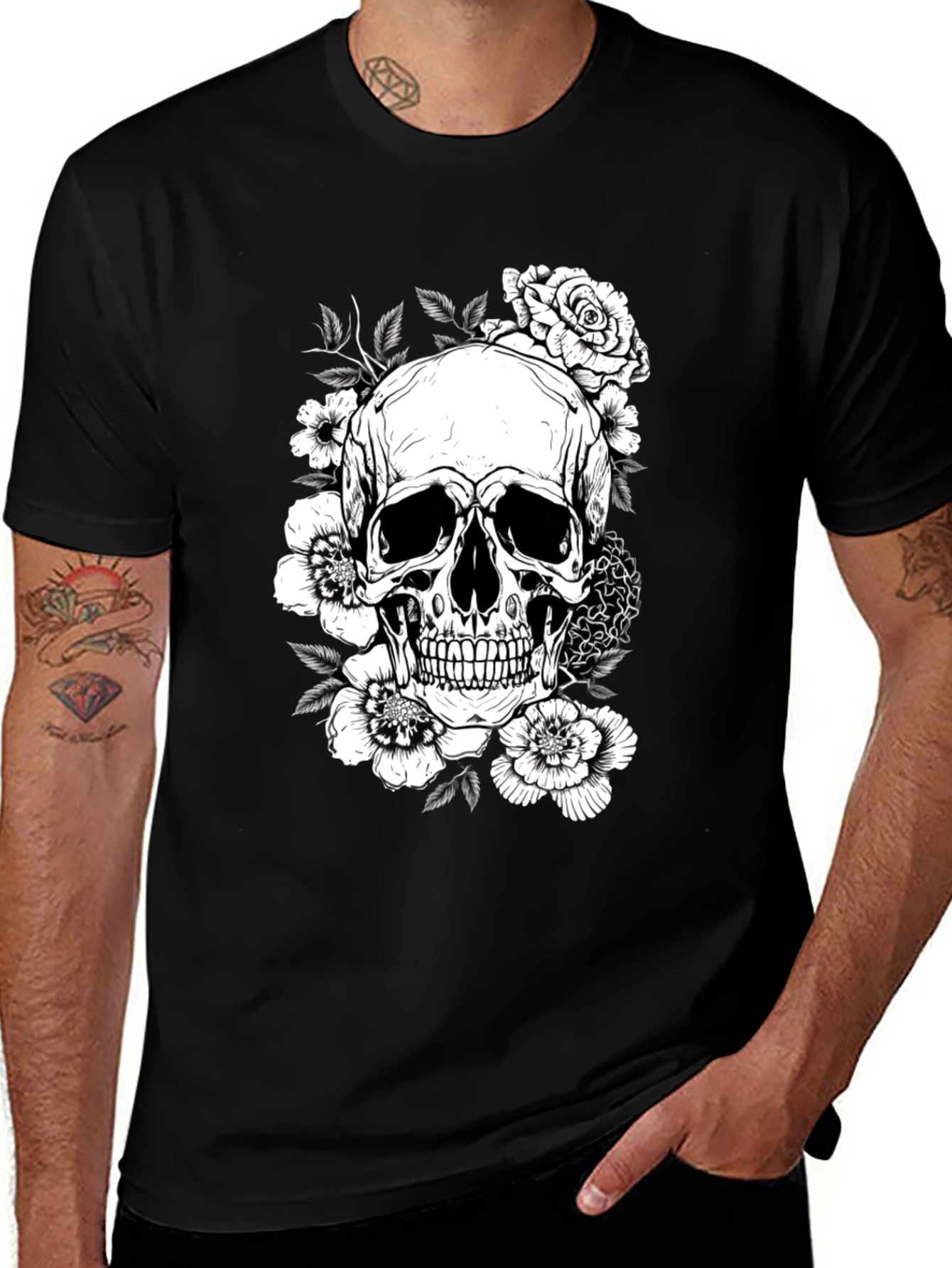 Variant 20 of Skull & Floral Graphic Black T-Shirt