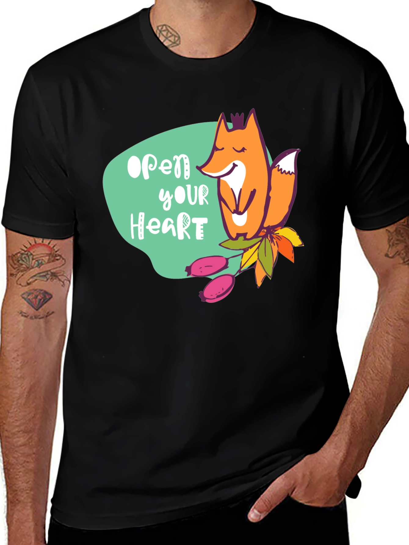 Variant 22 of Open Your Heart Fox Graphic Tee - Black