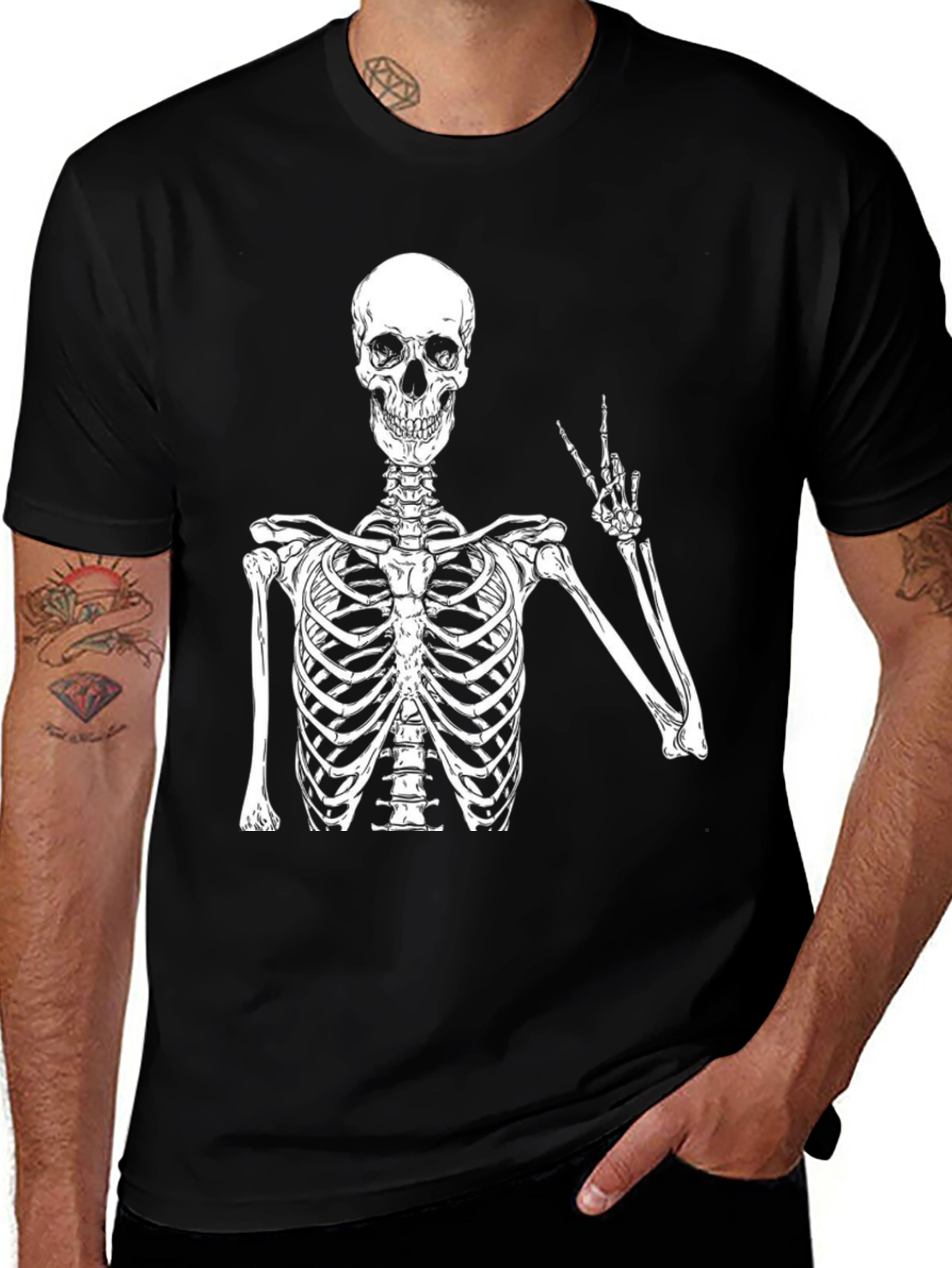 Variant 19 of Skeleton Peace Sign Graphic T-Shirt - Black