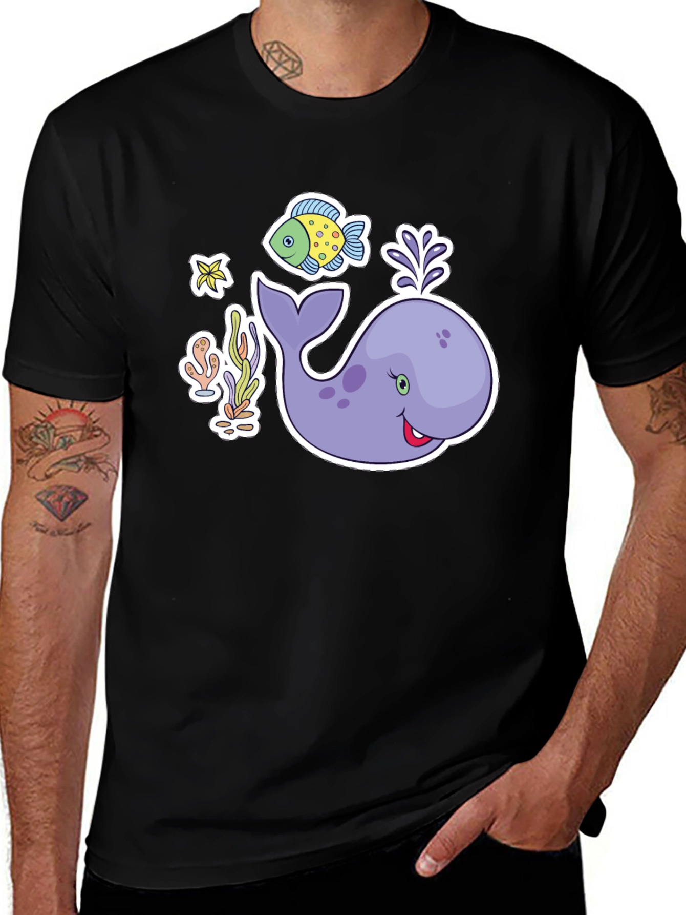 Variant 5 of Cute Whale & Fish Graphic Black T-Shirt
