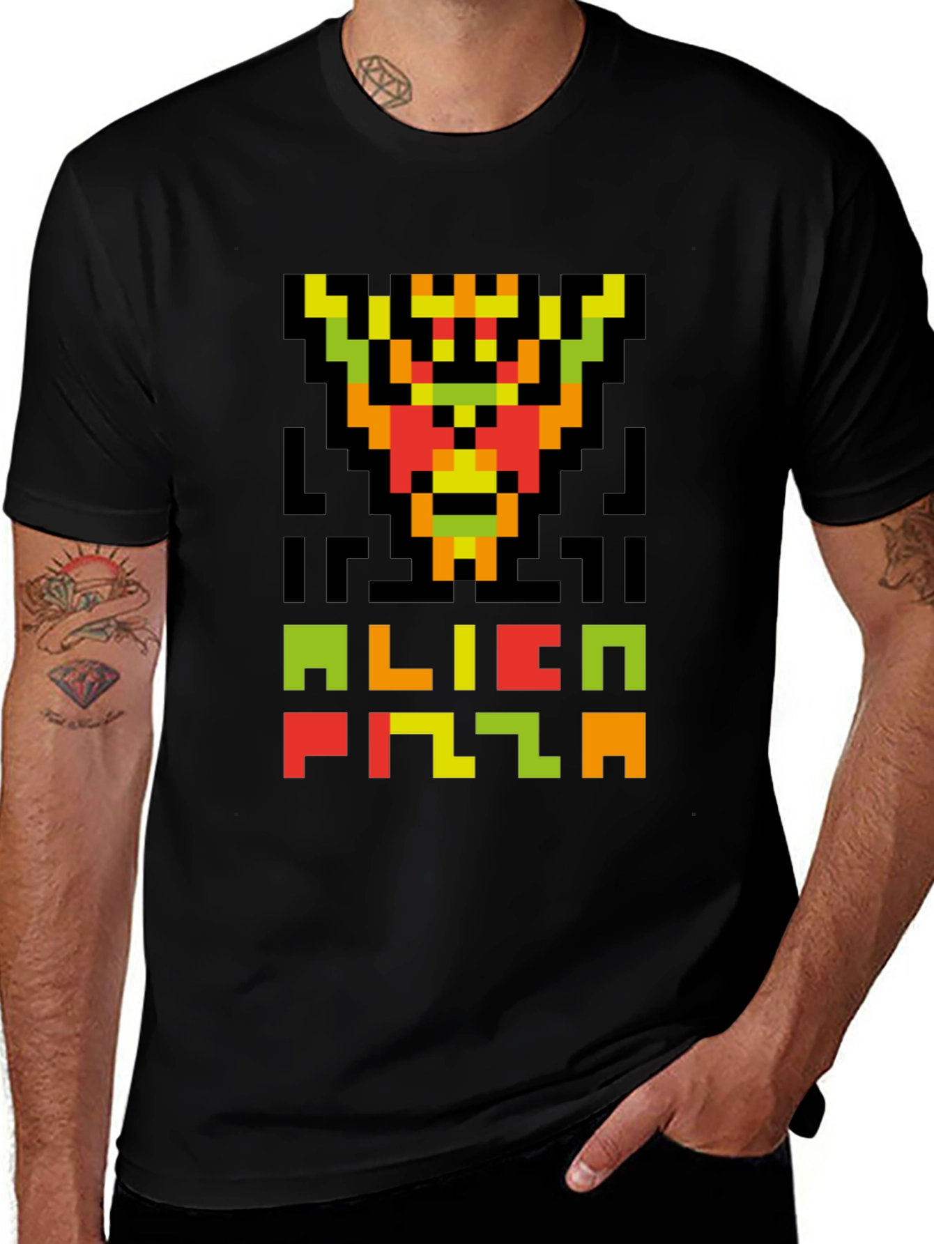 Variant 26 of Alien Pizza Graphic T-Shirt - Pixel Art Style