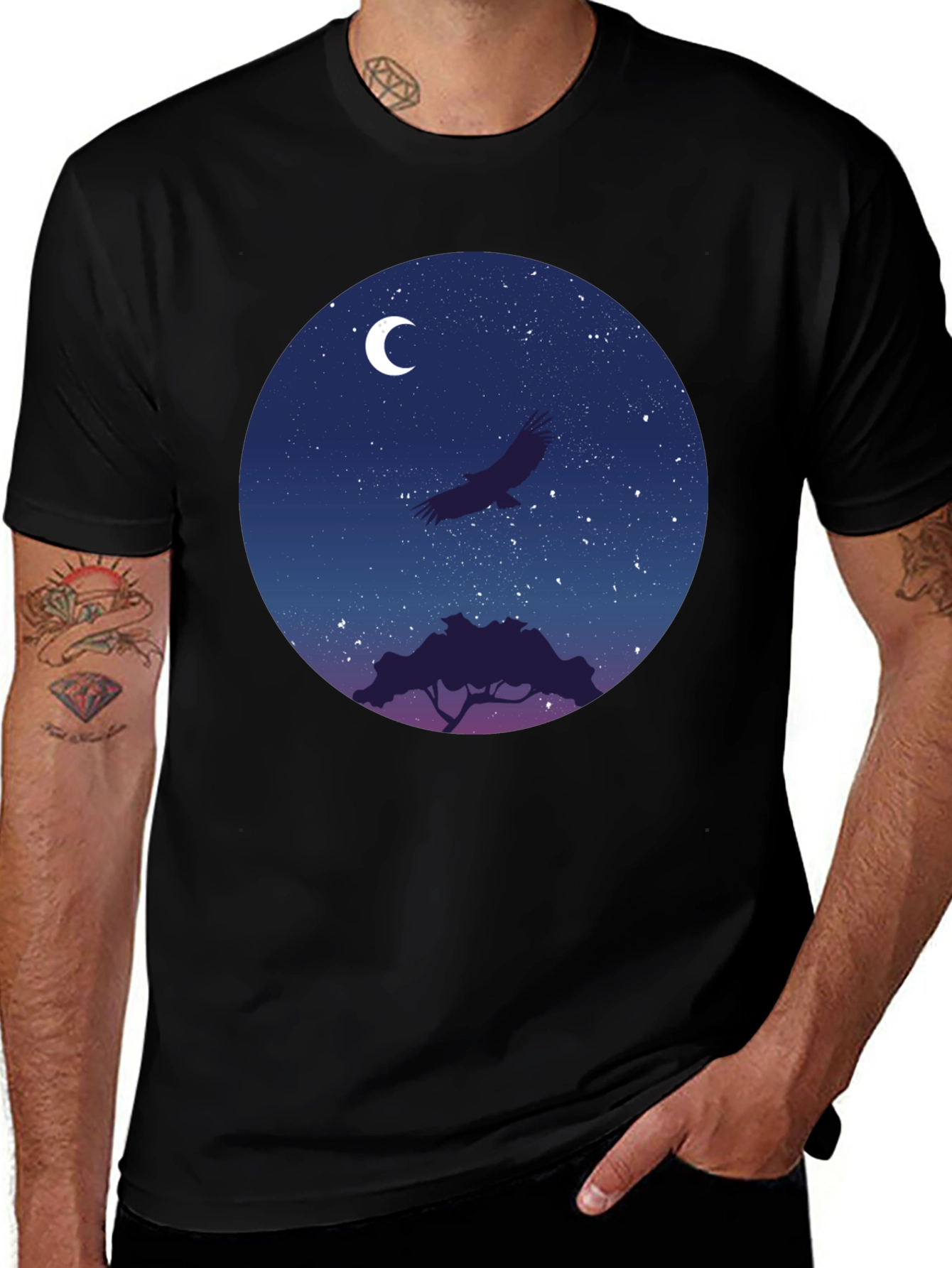 Variant 13 of Night Sky Eagle Graphic Tee - Black Cotton Blend