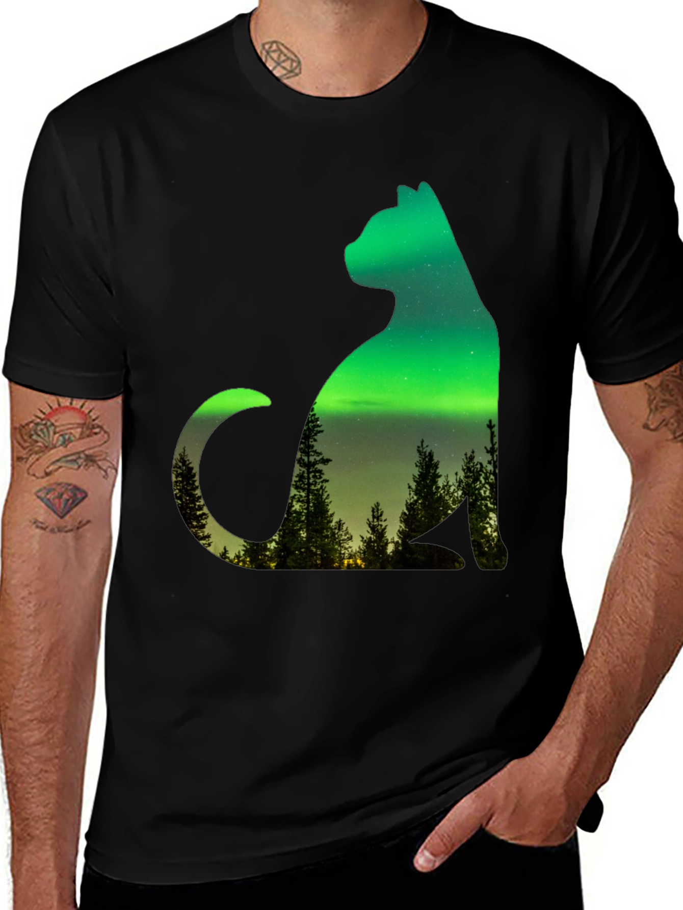 Variant 22 of Aurora Cat Graphic Tee - Unique Northern Lights Design
