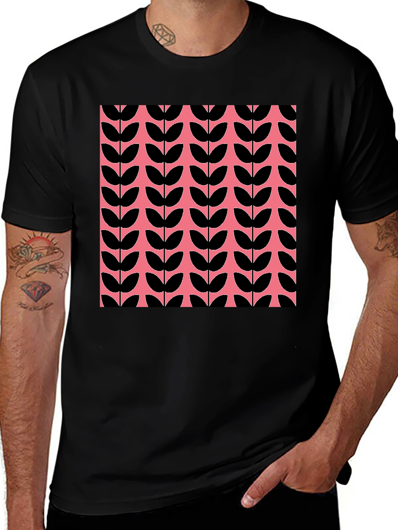 Retro Leaf Pattern T-Shirt - Black and Pink