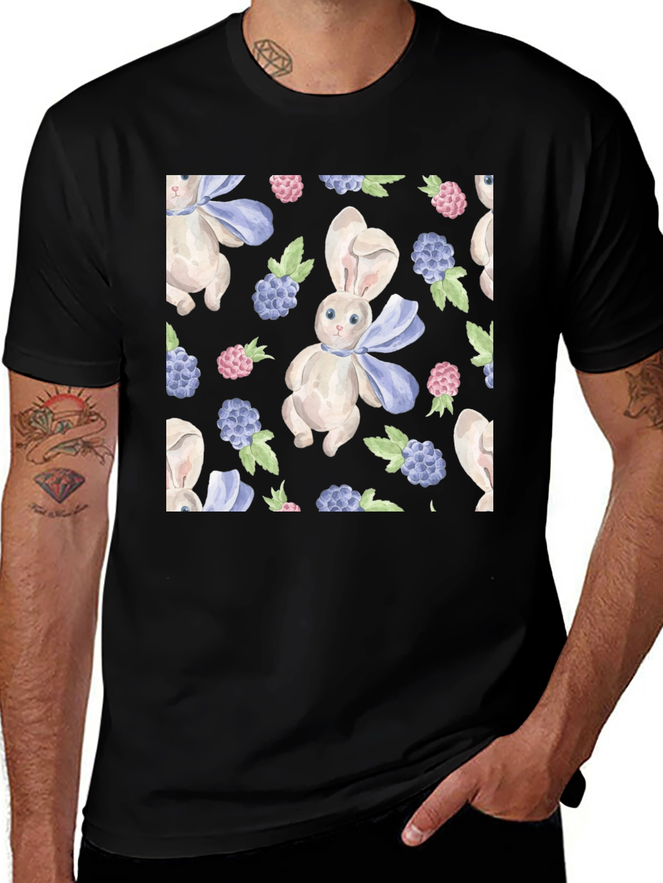Variant 2 of Cute Rabbit & Berry Pattern Black T-Shirt
