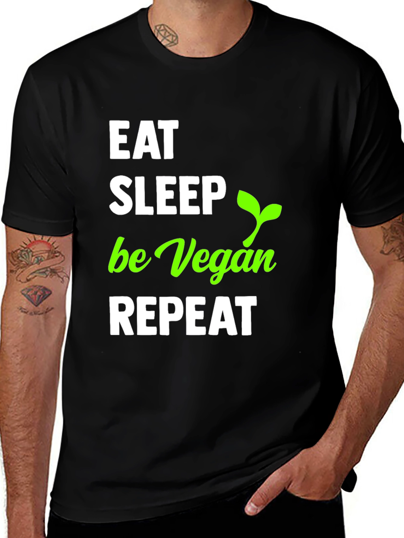 Variant 2 of Eat Sleep Be Vegan Repeat Graphic Tee - Black Cotton T-Shirt