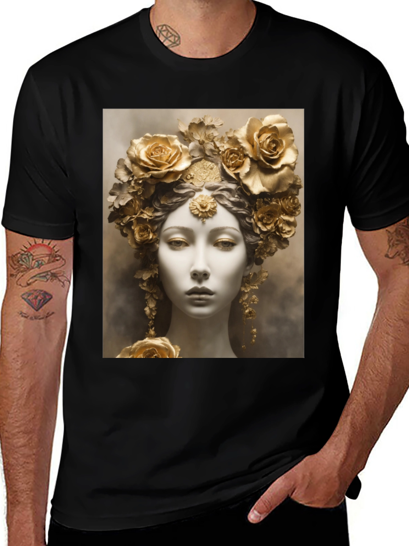 Variant 6 of Floral Goddess Graphic Tee - Black Cotton Comfort