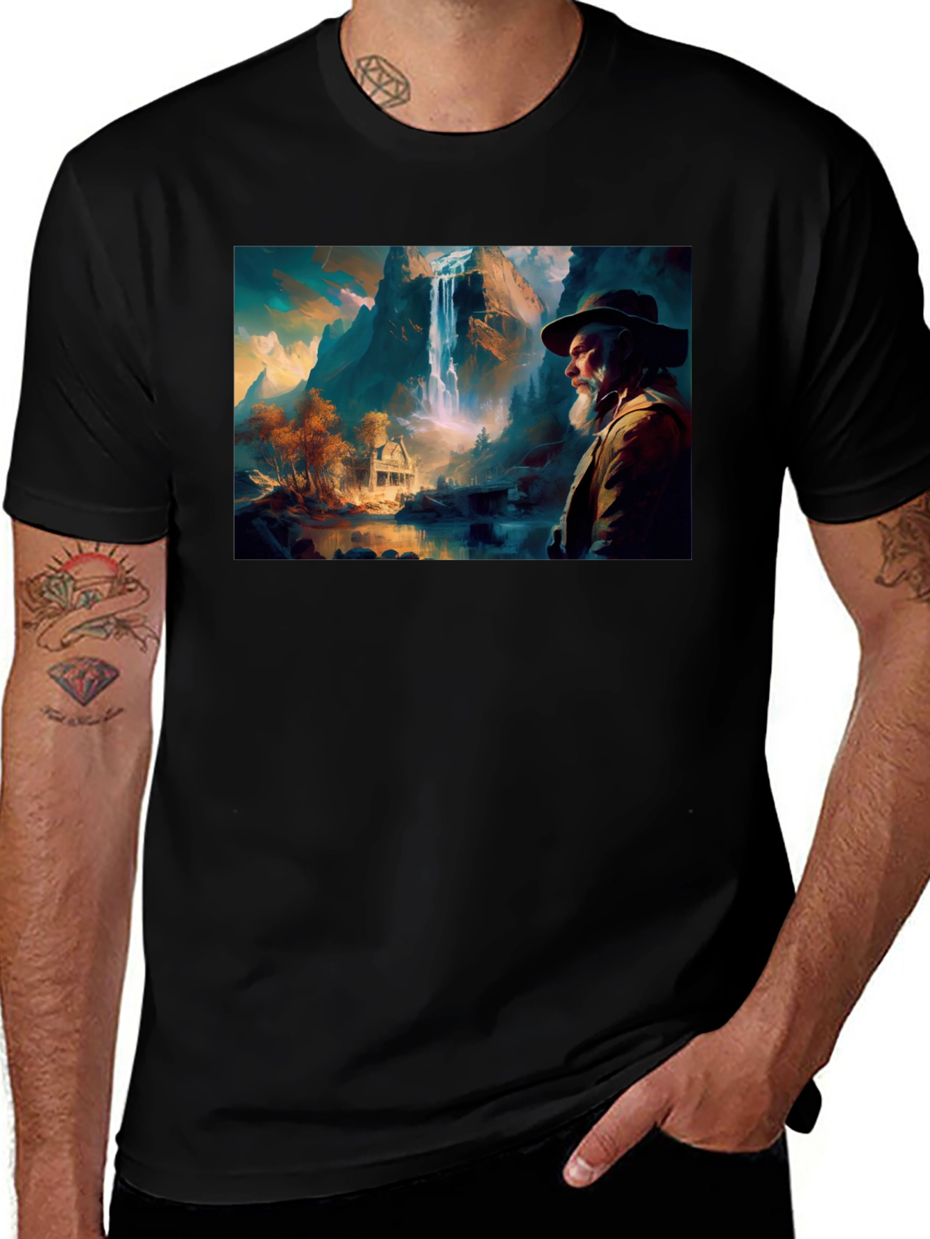 Scenic Old Man & Waterfall Black T-Shirt