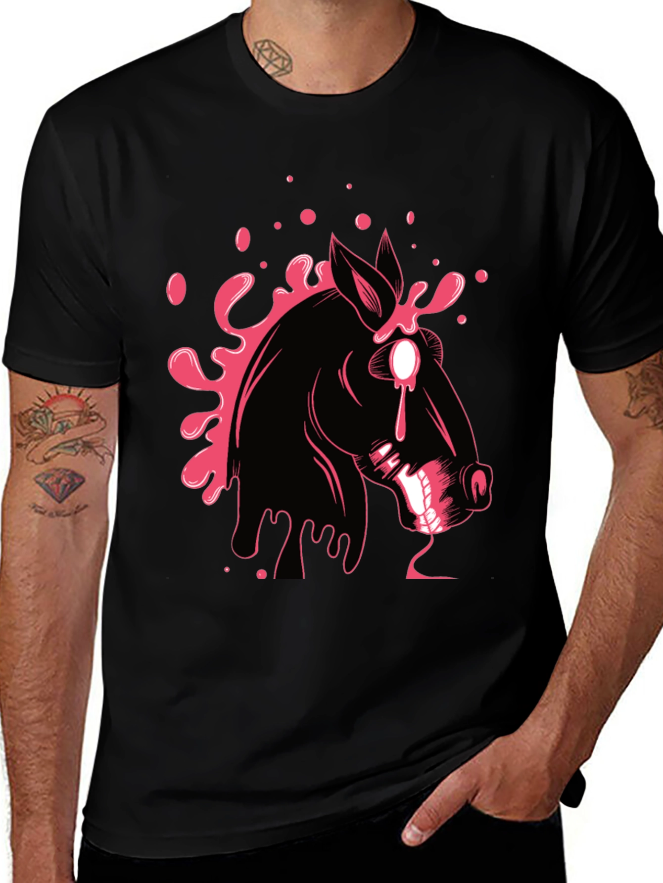 Variant 8 of Graphic Print Black T-Shirt with Horse Design