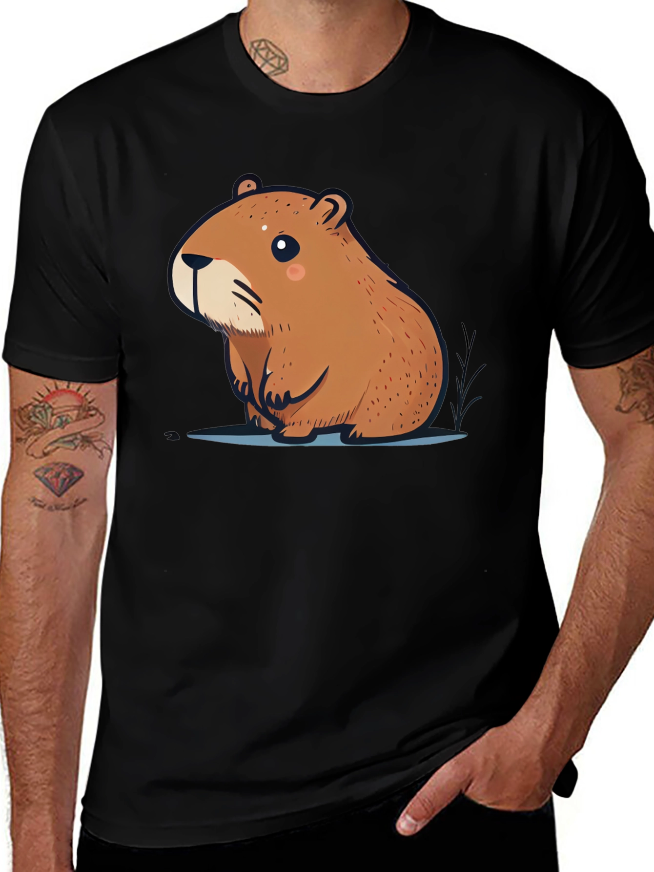 Variant 20 of Capybara Cartoon Graphic Print Black T-Shirt