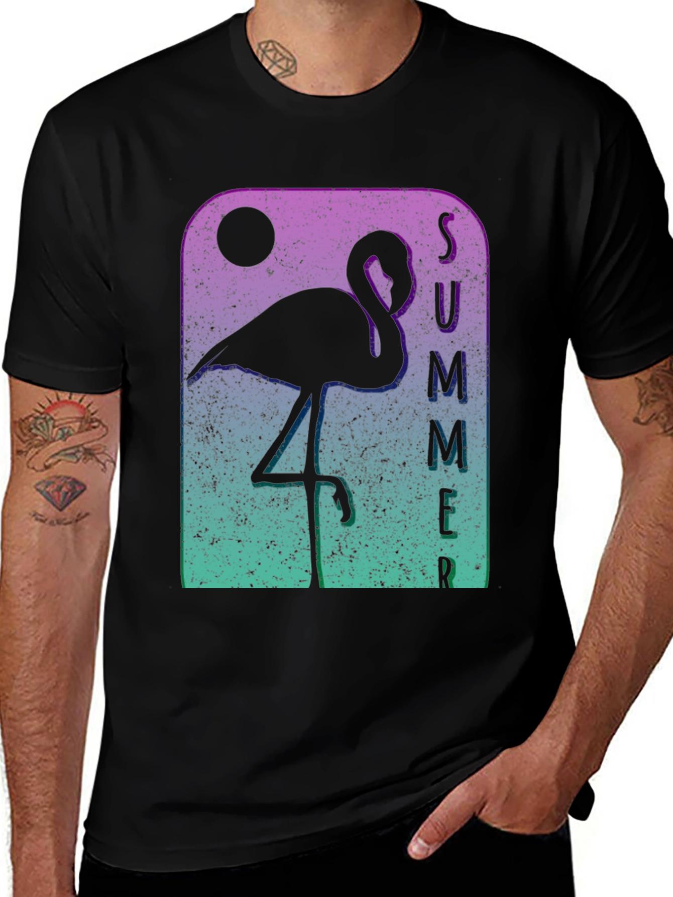 Variant 9 of Summer Flamingo Graphic Tee - Men's Black T-Shirt