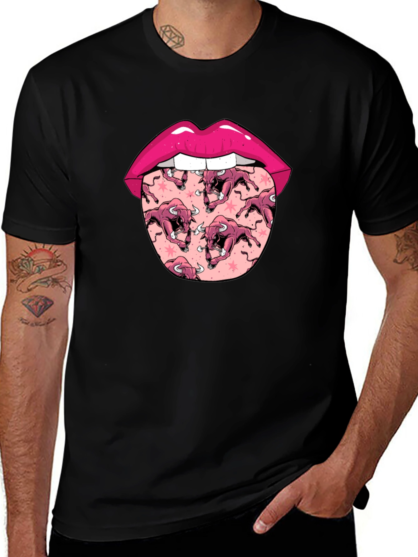 Variant 4 of Novelty Lips and Bulls Graphic Tee - Black Cotton Blend